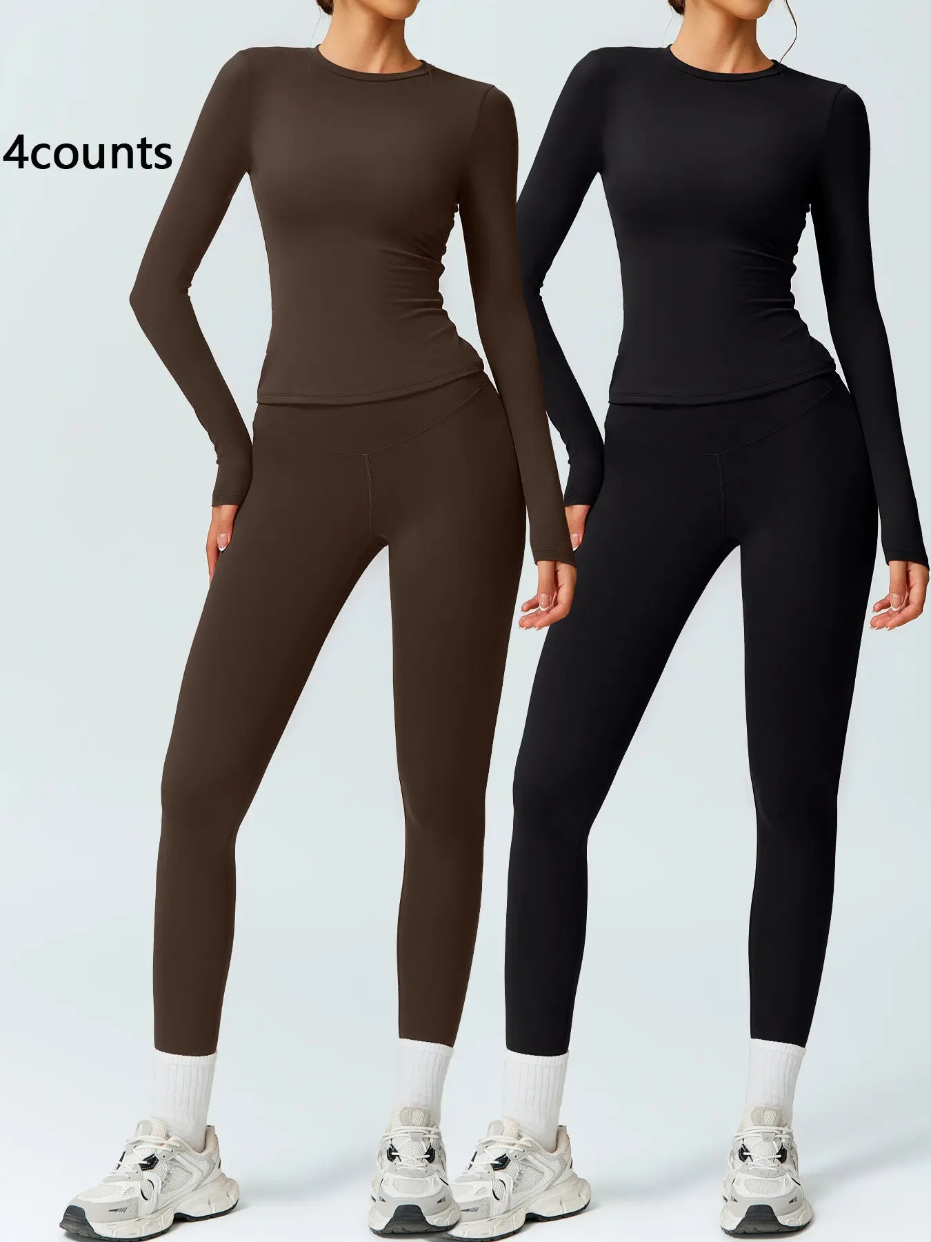 Two-Piece Set Women'S Patchwork High Elastic Soft round Neck Flat Shoulder Long Sleeve Slim Fit Hip Tight Pants Yoga Clothes Suit Workout Running Clothes Outdoor Running Cycling Hiking Fashion Suit Gym, Workout Sets Women