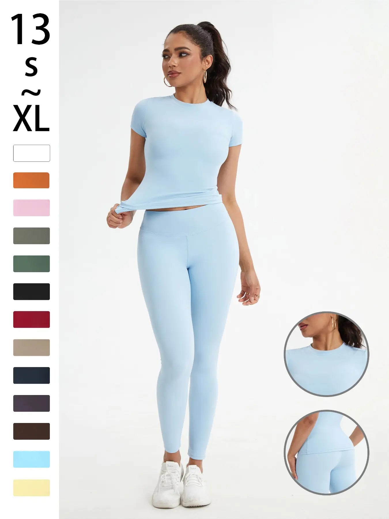 Women'S Sportswear Set, Slim-Fit round Neck Short Sleeves & High-Waisted Yoga Pants, Ideal for Gym Running Outdoor Activities