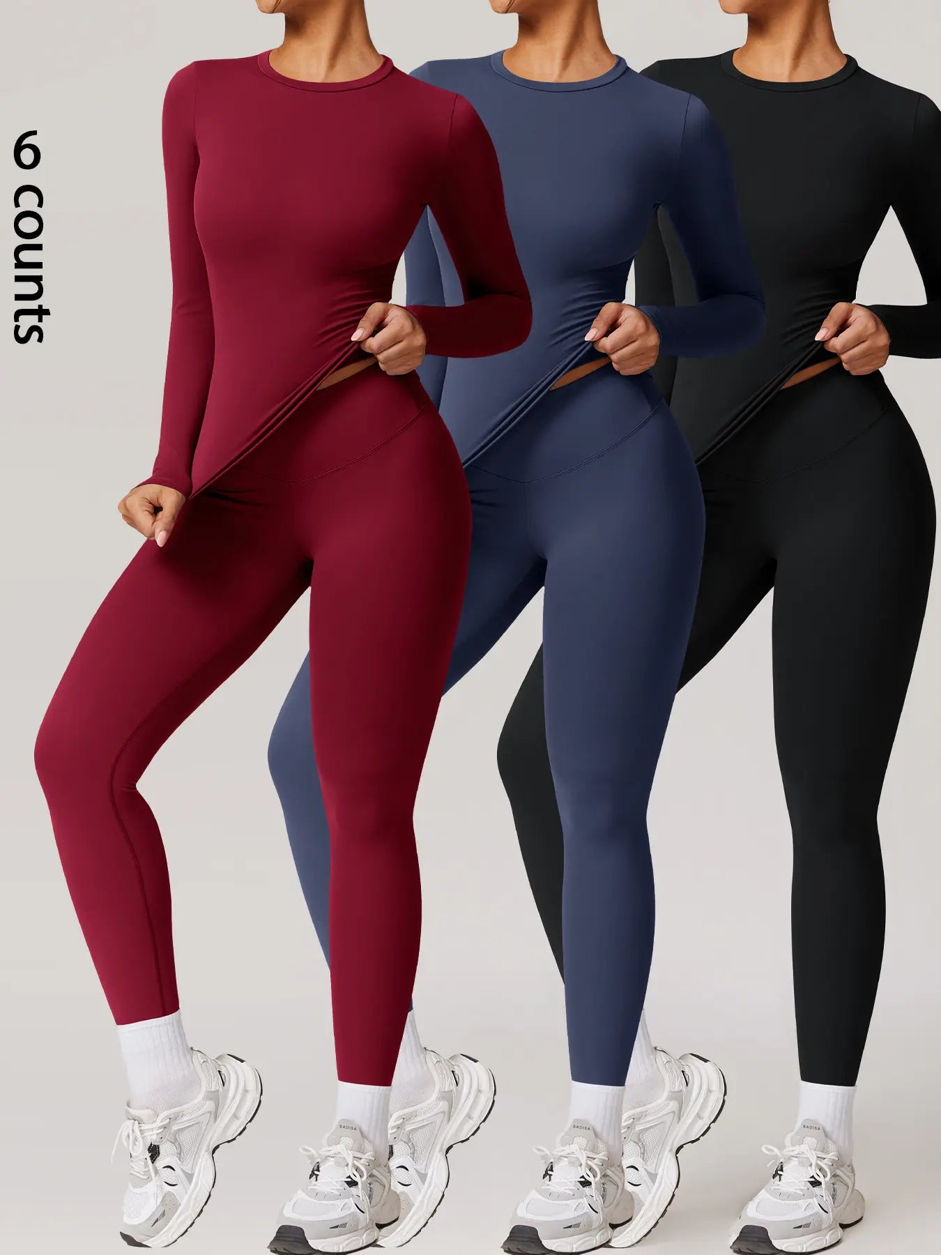 Two-Piece Set Women'S Patchwork High Elastic Soft round Neck Flat Shoulder Long Sleeve Slim Fit Hip Tight Pants Yoga Clothes Suit Workout Running Clothes Outdoor Running Cycling Hiking Fashion Suit Gym, Workout Sets Women