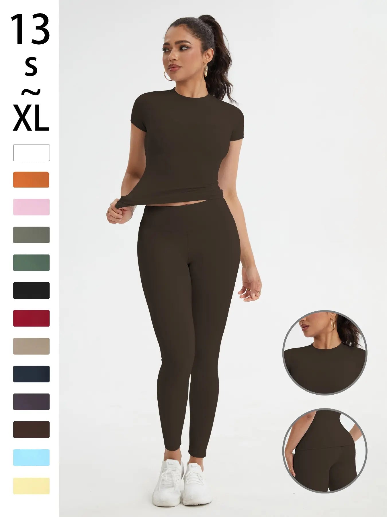 Women'S Sportswear Set, Slim-Fit round Neck Short Sleeves & High-Waisted Yoga Pants, Ideal for Gym Running Outdoor Activities