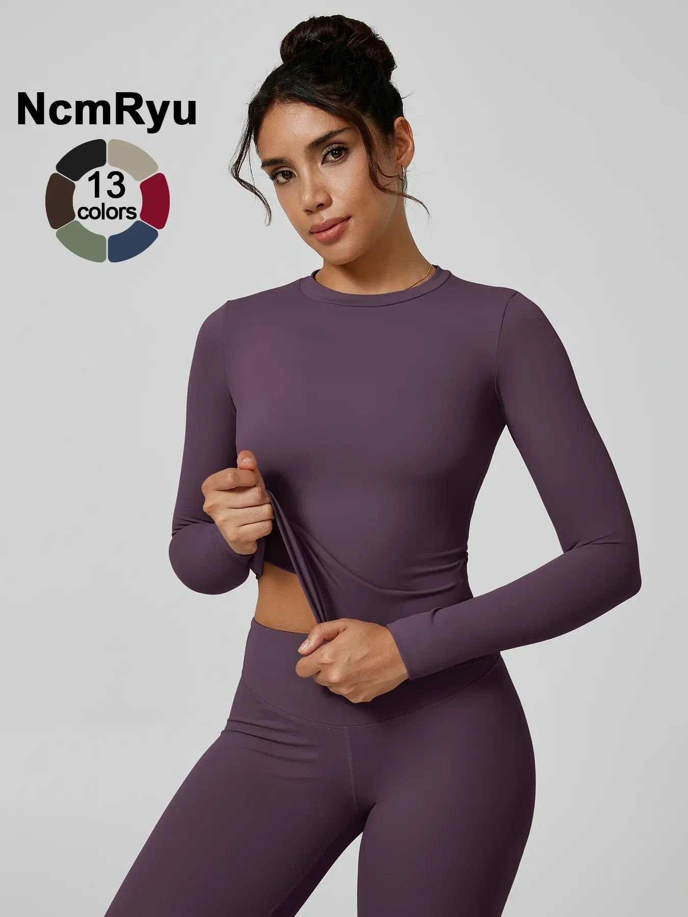 Two-Piece Set Women'S Patchwork High Elastic Soft round Neck Flat Shoulder Long Sleeve Slim Fit Hip Tight Pants Yoga Clothes Suit Workout Running Clothes Outdoor Running Cycling Hiking Fashion Suit Gym, Workout Sets Women