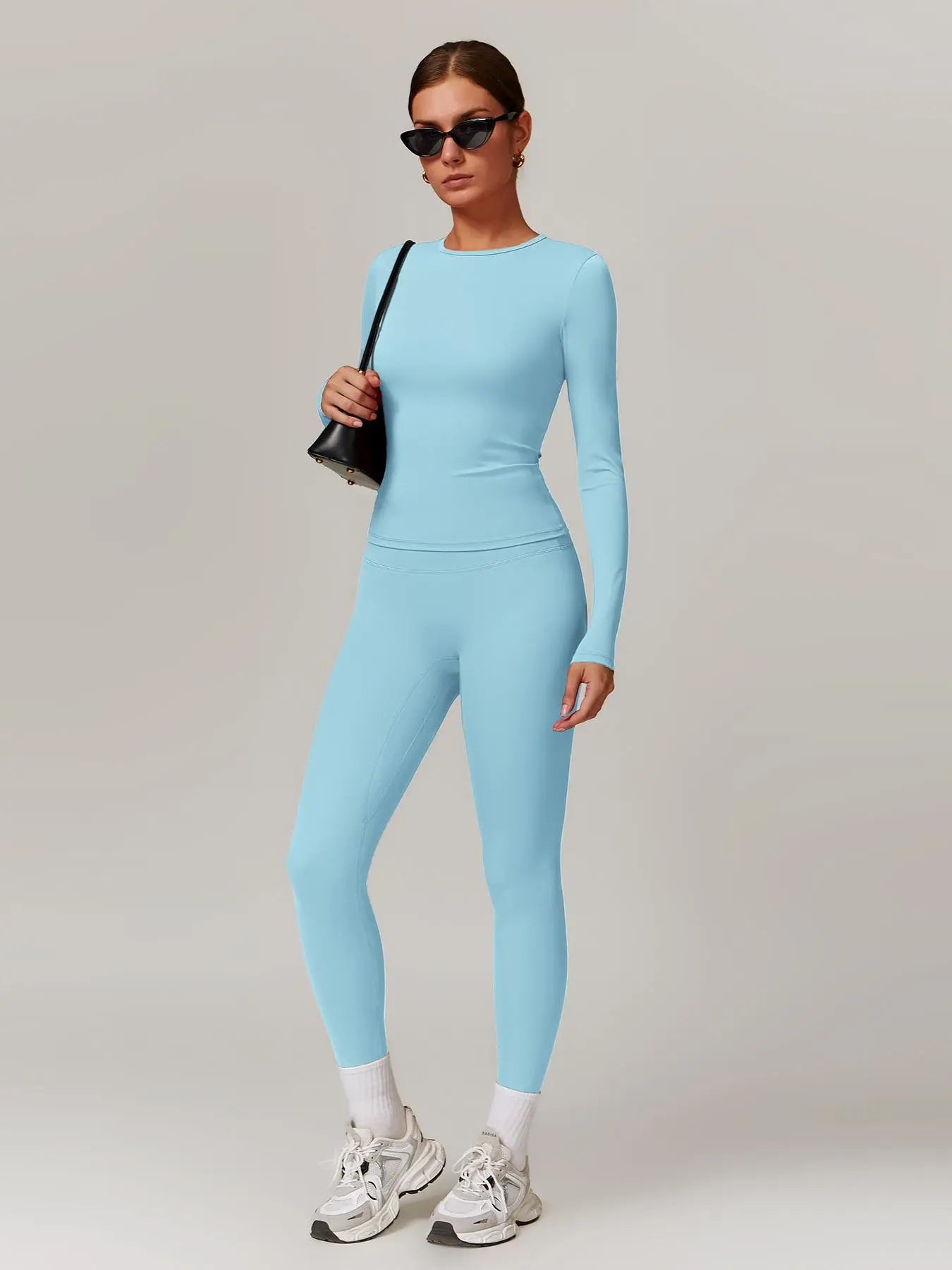 Women'S Solid Long Sleeve Skinny Tee & High Waist Leggings Tracksuit Set, Workout Running Clothes, Sporty Breathable Quick Drying Outfits for Gym Workout Running, Ladies Outdoor Yoga Suit for All Seasons, Quick Dry Activewear, Sweatsuit Sets