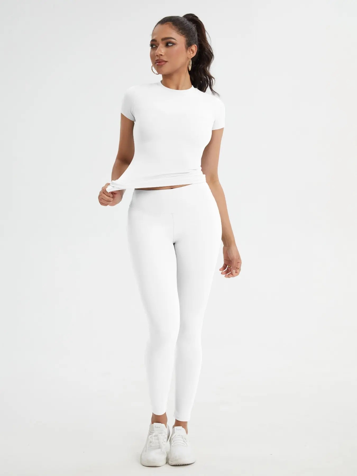 Women'S Sportswear Set, Slim-Fit round Neck Short Sleeves & High-Waisted Yoga Pants, Ideal for Gym Running Outdoor Activities