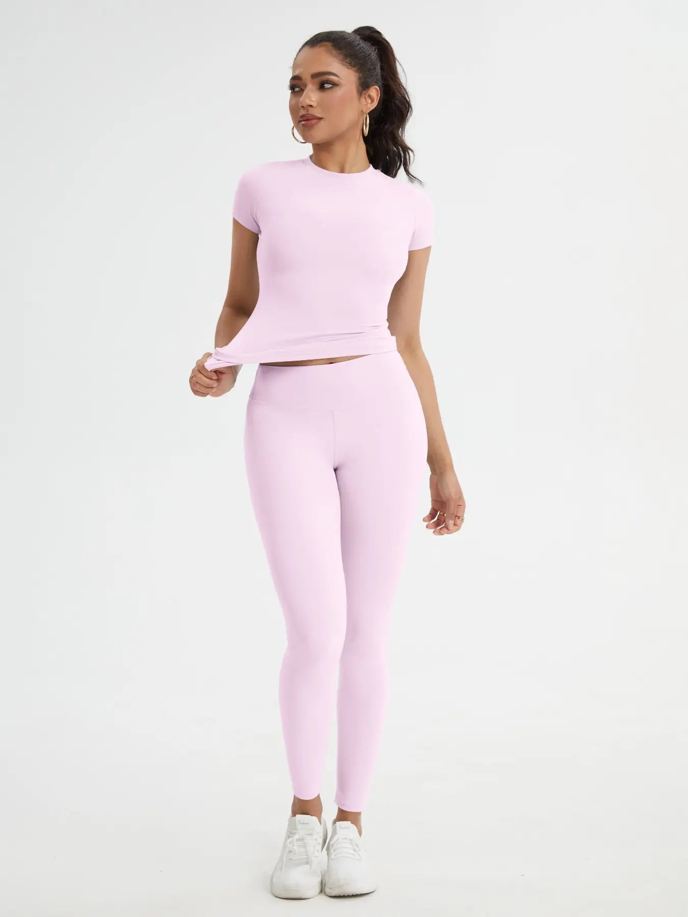 Women'S Sportswear Set, Slim-Fit round Neck Short Sleeves & High-Waisted Yoga Pants, Ideal for Gym Running Outdoor Activities