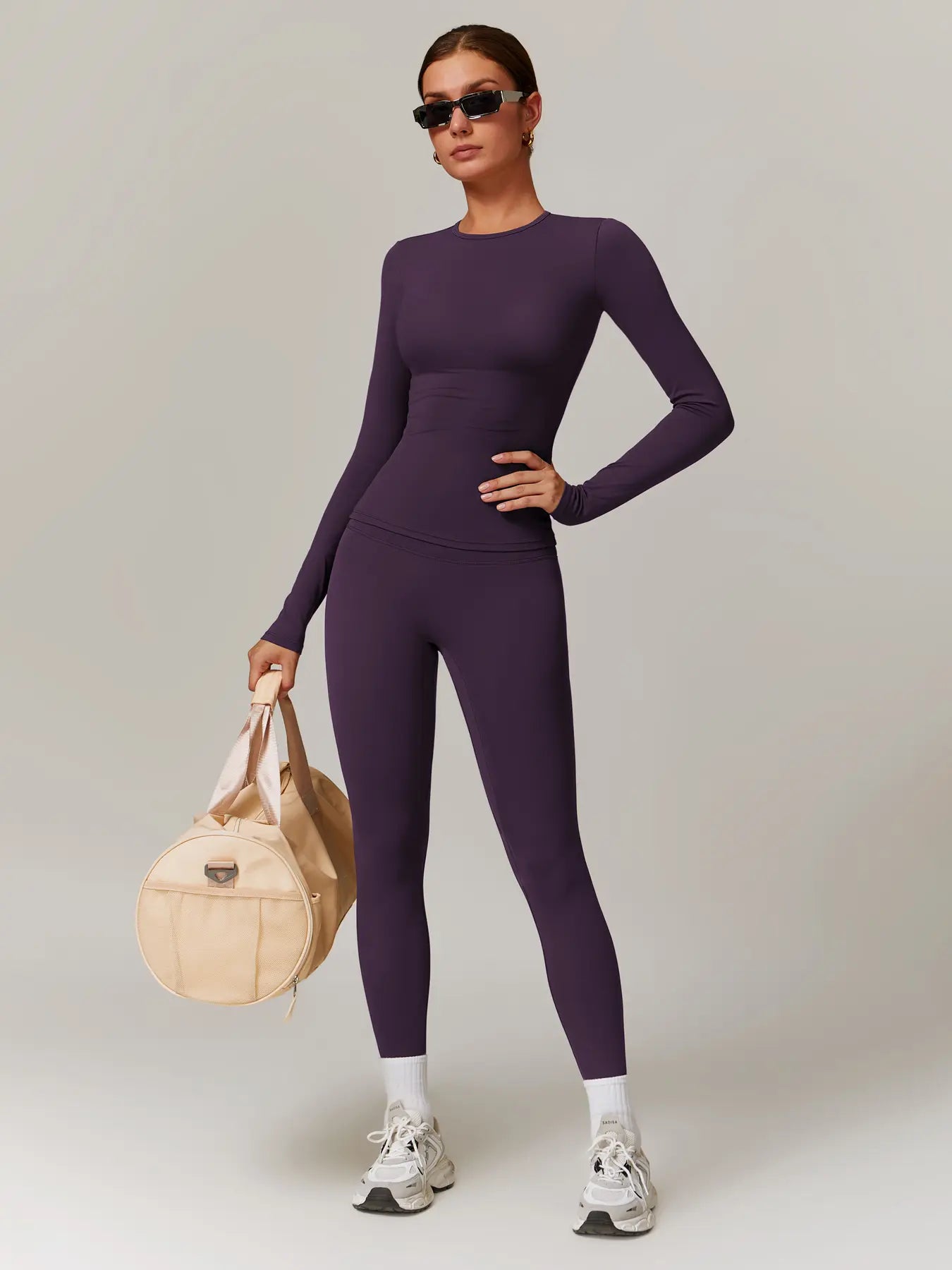 Women'S Solid Long Sleeve Skinny Tee & High Waist Leggings Tracksuit Set, Workout Running Clothes, Sporty Breathable Quick Drying Outfits for Gym Workout Running, Ladies Outdoor Yoga Suit for All Seasons, Quick Dry Activewear, Sweatsuit Sets