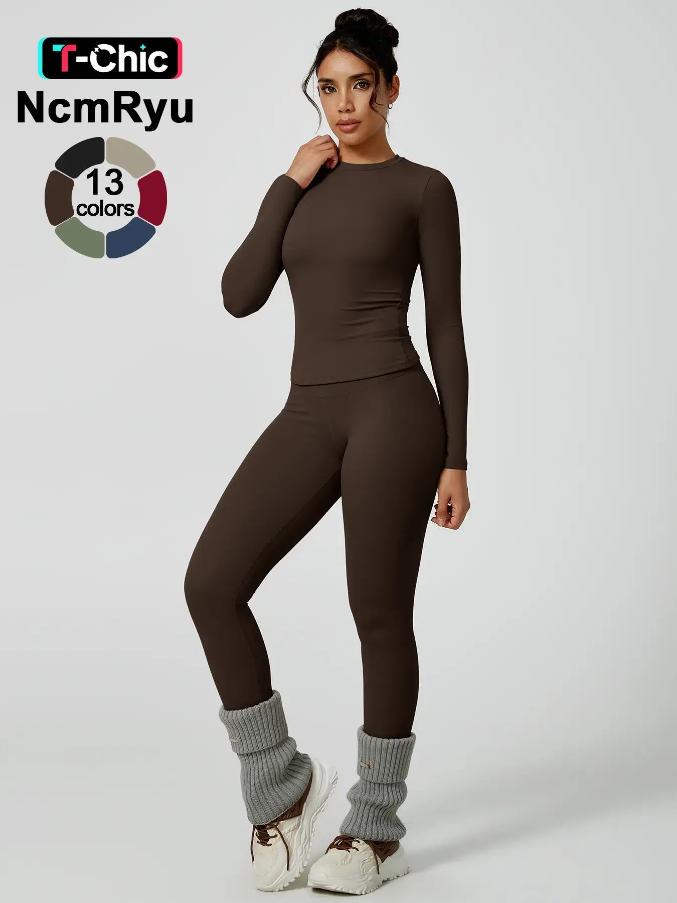Two-Piece Set Women'S Patchwork High Elastic Soft round Neck Flat Shoulder Long Sleeve Slim Fit Hip Tight Pants Yoga Clothes Suit Workout Running Clothes Outdoor Running Cycling Hiking Fashion Suit Gym, Workout Sets Women