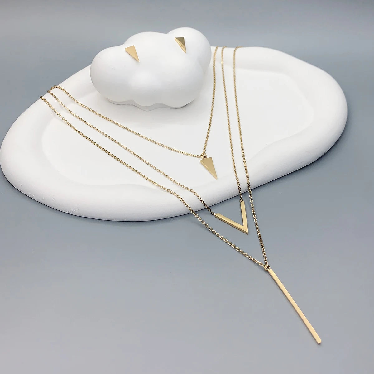 Gold Layered Necklace & Earring Set – 3 Piece Geometric Pendant Collection