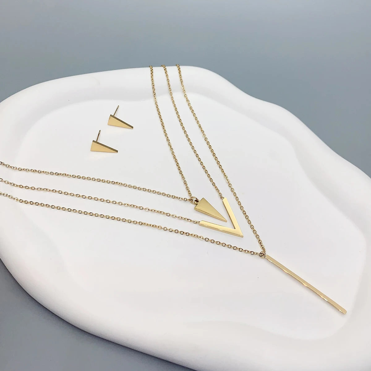 Gold Layered Necklace & Earring Set – 3 Piece Geometric Pendant Collection