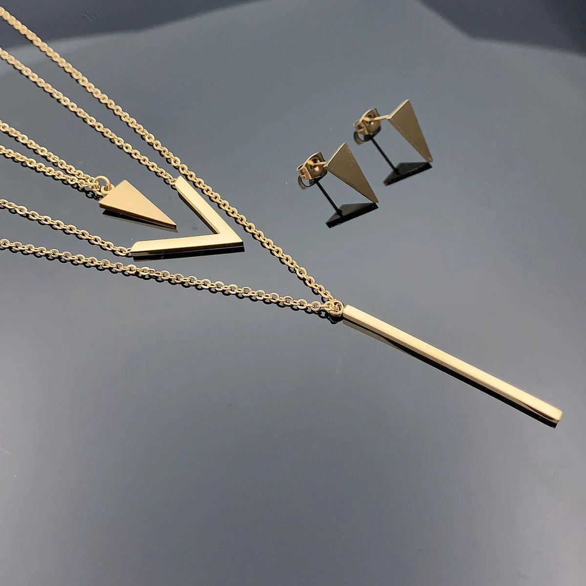 Gold Layered Necklace & Earring Set – 3 Piece Geometric Pendant Collection