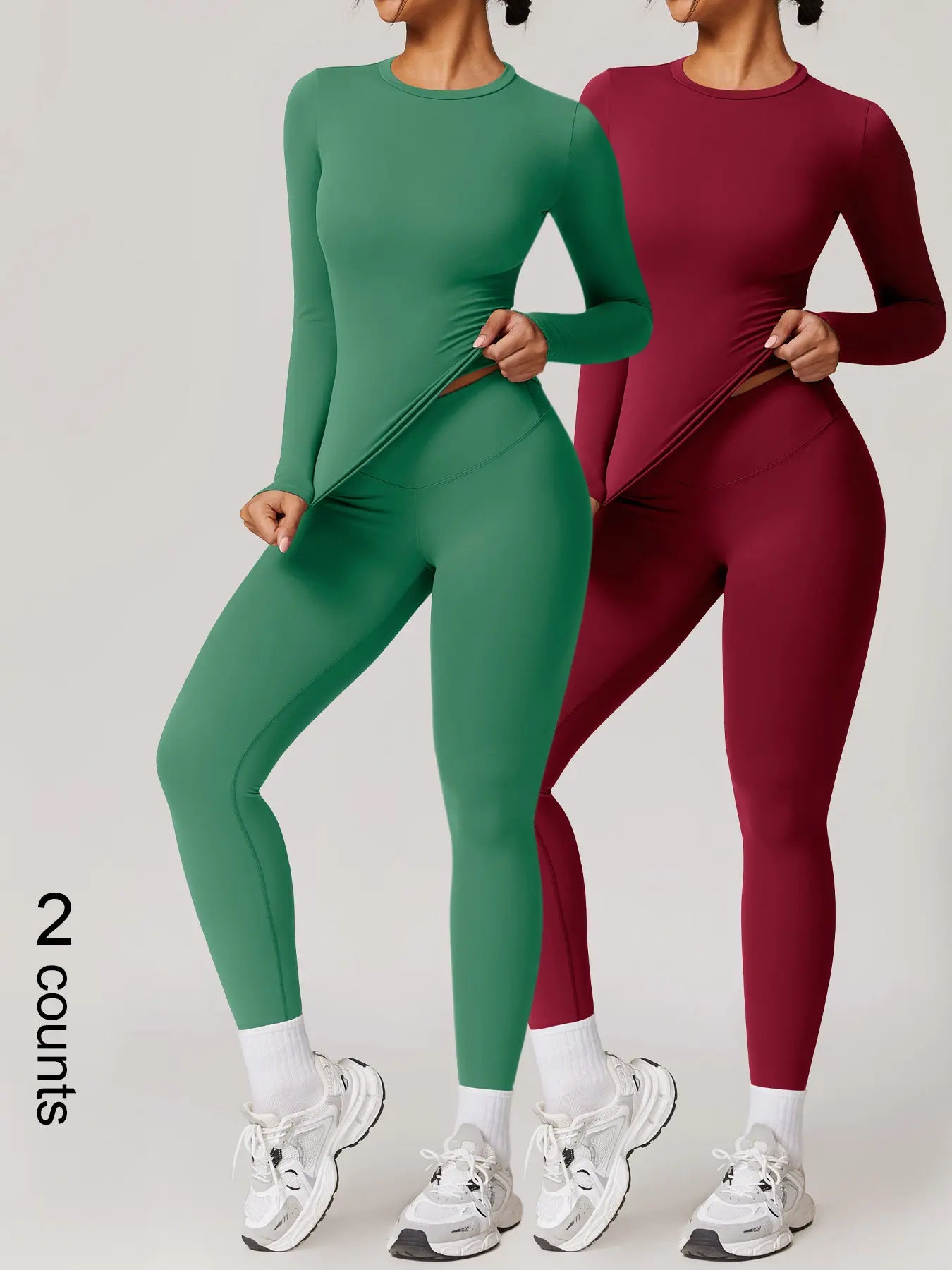 Two-Piece Set Women'S Patchwork High Elastic Soft round Neck Flat Shoulder Long Sleeve Slim Fit Hip Tight Pants Yoga Clothes Suit Workout Running Clothes Outdoor Running Cycling Hiking Fashion Suit Gym, Workout Sets Women
