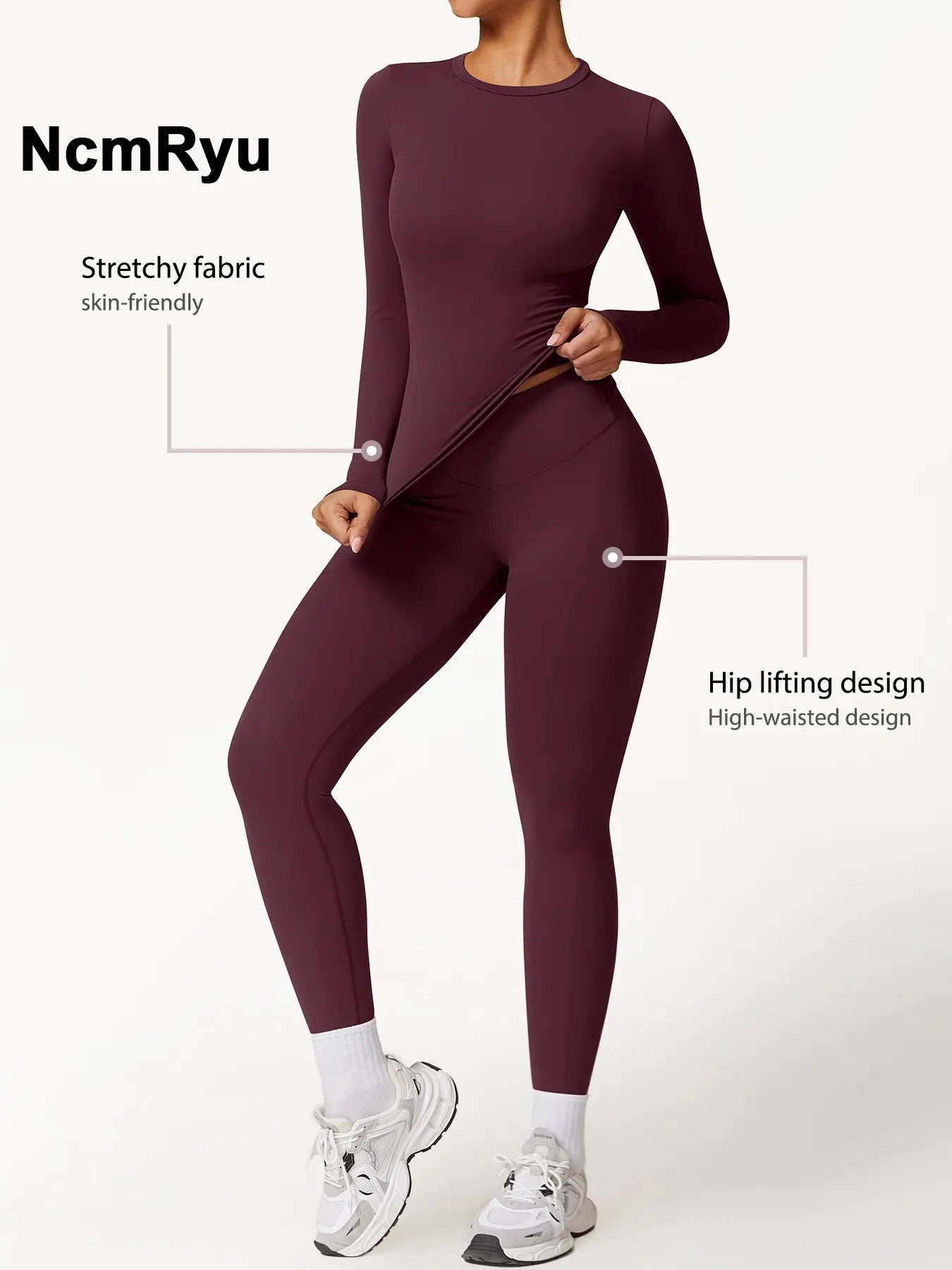 Two-Piece Set Women'S Patchwork High Elastic Soft round Neck Flat Shoulder Long Sleeve Slim Fit Hip Tight Pants Yoga Clothes Suit Workout Running Clothes Outdoor Running Cycling Hiking Fashion Suit Gym, Workout Sets Women