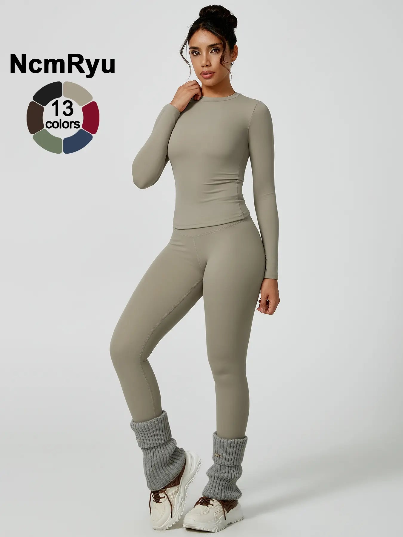 Two-Piece Set Women'S Patchwork High Elastic Soft round Neck Flat Shoulder Long Sleeve Slim Fit Hip Tight Pants Yoga Clothes Suit Workout Running Clothes Outdoor Running Cycling Hiking Fashion Suit Gym, Workout Sets Women