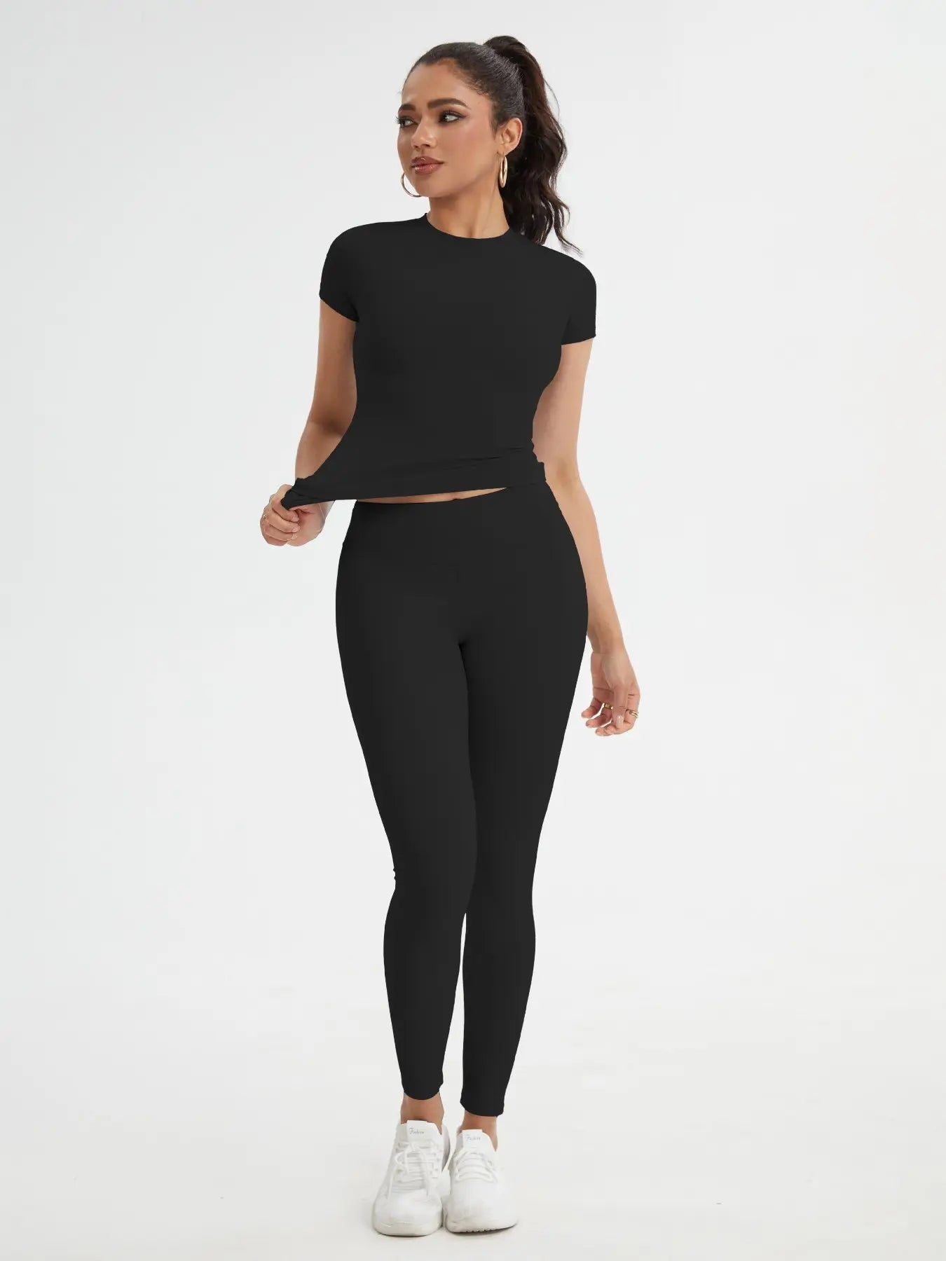 Women'S Sportswear Set, Slim-Fit round Neck Short Sleeves & High-Waisted Yoga Pants, Ideal for Gym Running Outdoor Activities