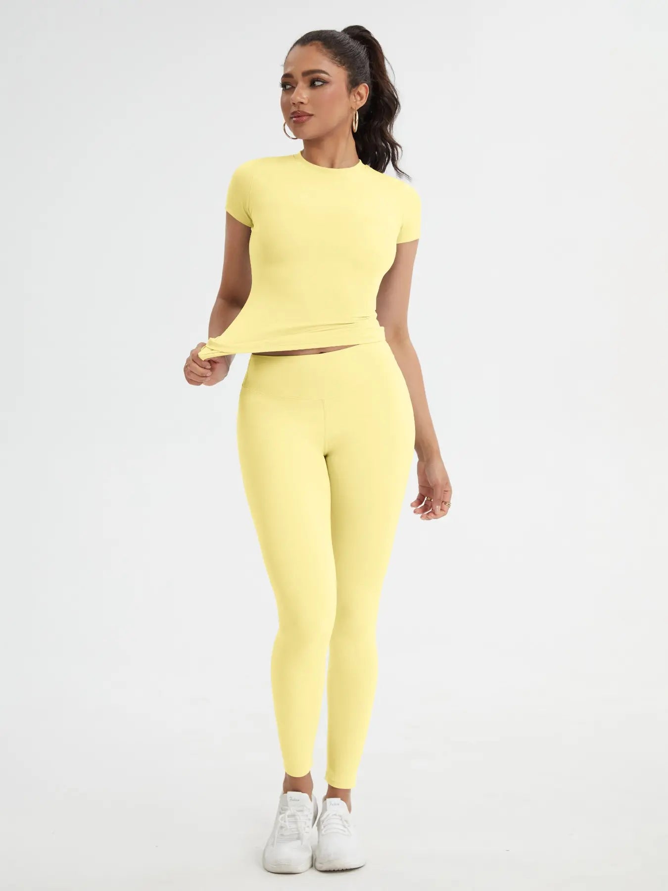 Women'S Sportswear Set, Slim-Fit round Neck Short Sleeves & High-Waisted Yoga Pants, Ideal for Gym Running Outdoor Activities