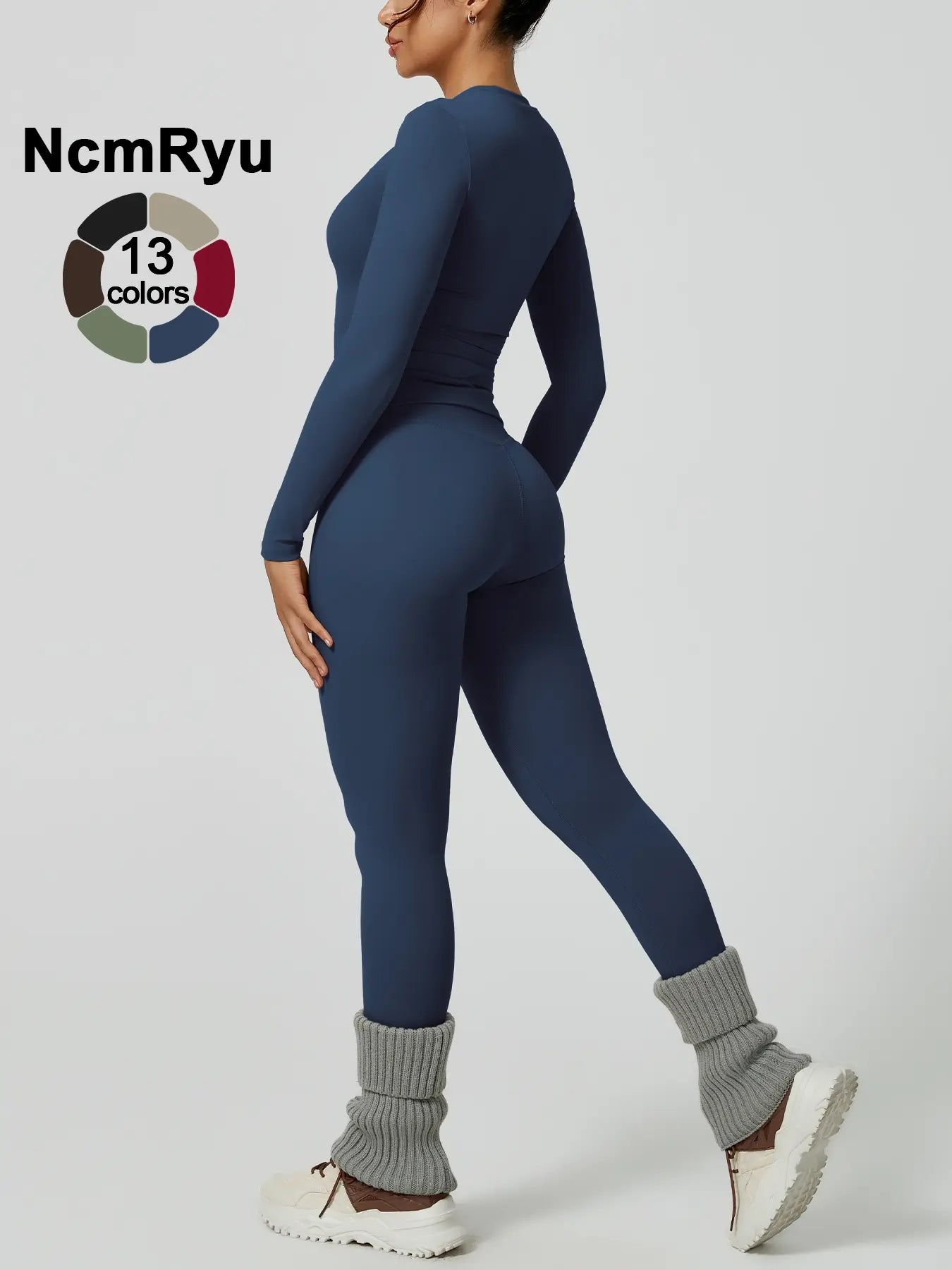 Two-Piece Set Women'S Patchwork High Elastic Soft round Neck Flat Shoulder Long Sleeve Slim Fit Hip Tight Pants Yoga Clothes Suit Workout Running Clothes Outdoor Running Cycling Hiking Fashion Suit Gym, Workout Sets Women
