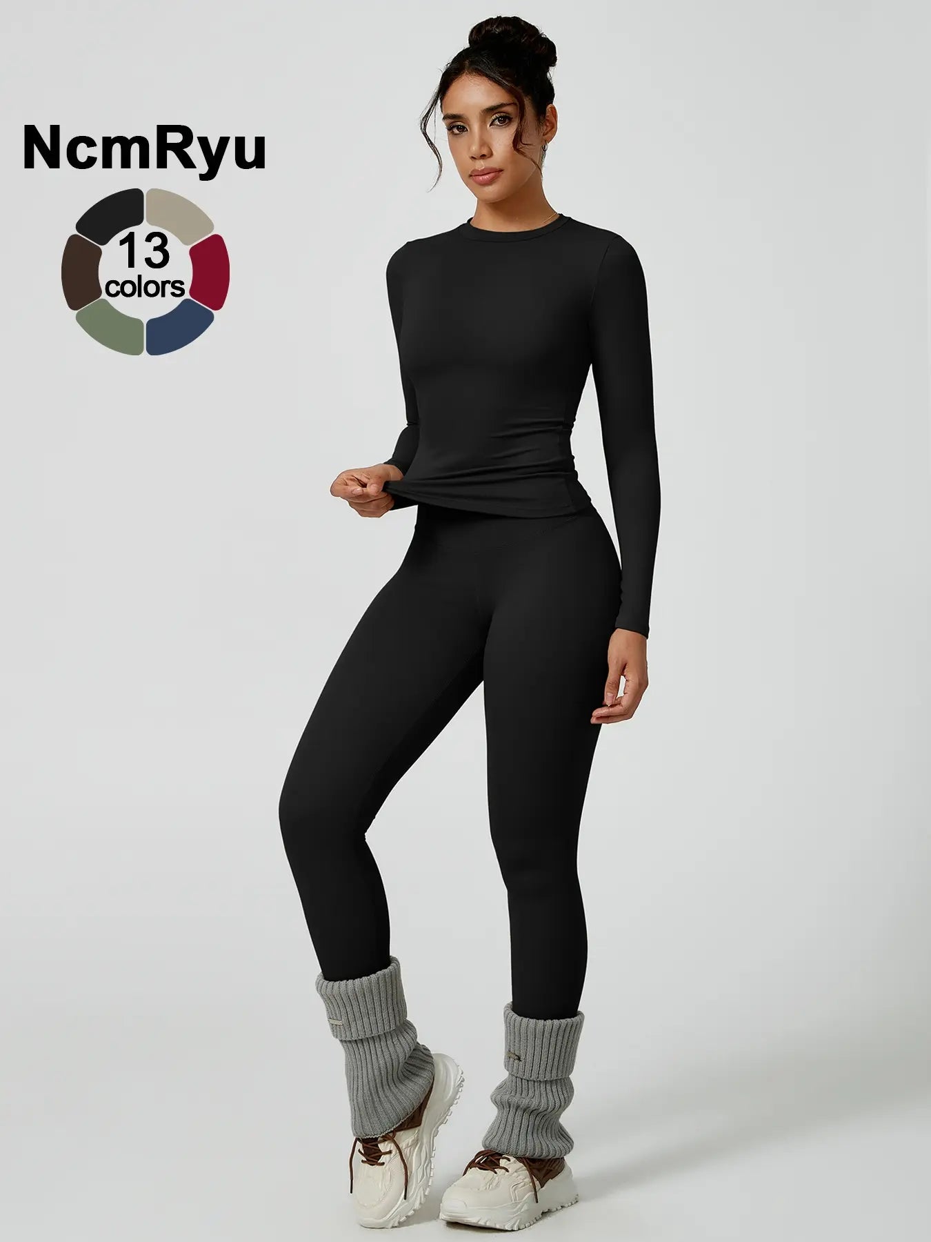 Two-Piece Set Women'S Patchwork High Elastic Soft round Neck Flat Shoulder Long Sleeve Slim Fit Hip Tight Pants Yoga Clothes Suit Workout Running Clothes Outdoor Running Cycling Hiking Fashion Suit Gym, Workout Sets Women