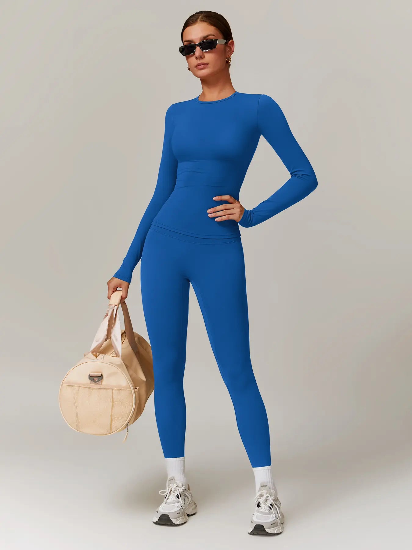 Women'S Solid Long Sleeve Skinny Tee & High Waist Leggings Tracksuit Set, Workout Running Clothes, Sporty Breathable Quick Drying Outfits for Gym Workout Running, Ladies Outdoor Yoga Suit for All Seasons, Quick Dry Activewear, Sweatsuit Sets