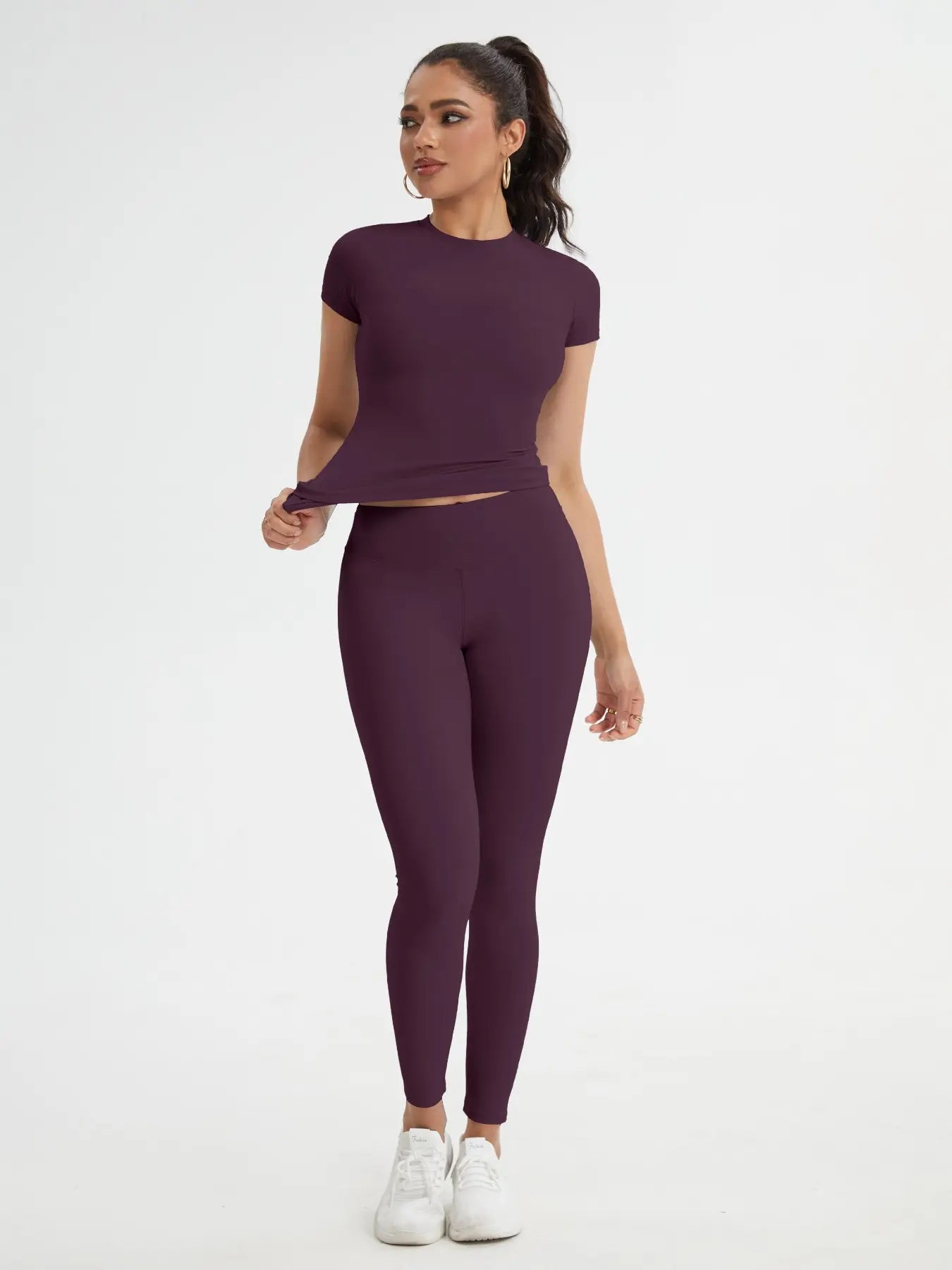 Women'S Sportswear Set, Slim-Fit round Neck Short Sleeves & High-Waisted Yoga Pants, Ideal for Gym Running Outdoor Activities