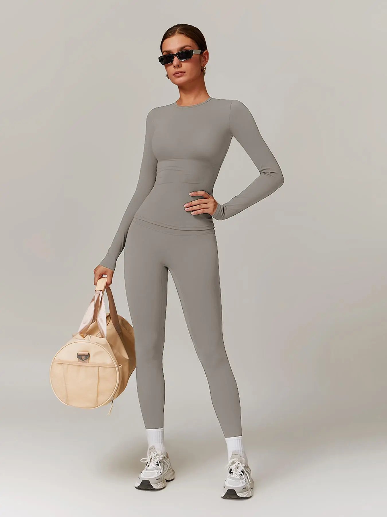Women'S Solid Long Sleeve Skinny Tee & High Waist Leggings Tracksuit Set, Workout Running Clothes, Sporty Breathable Quick Drying Outfits for Gym Workout Running, Ladies Outdoor Yoga Suit for All Seasons, Quick Dry Activewear, Sweatsuit Sets