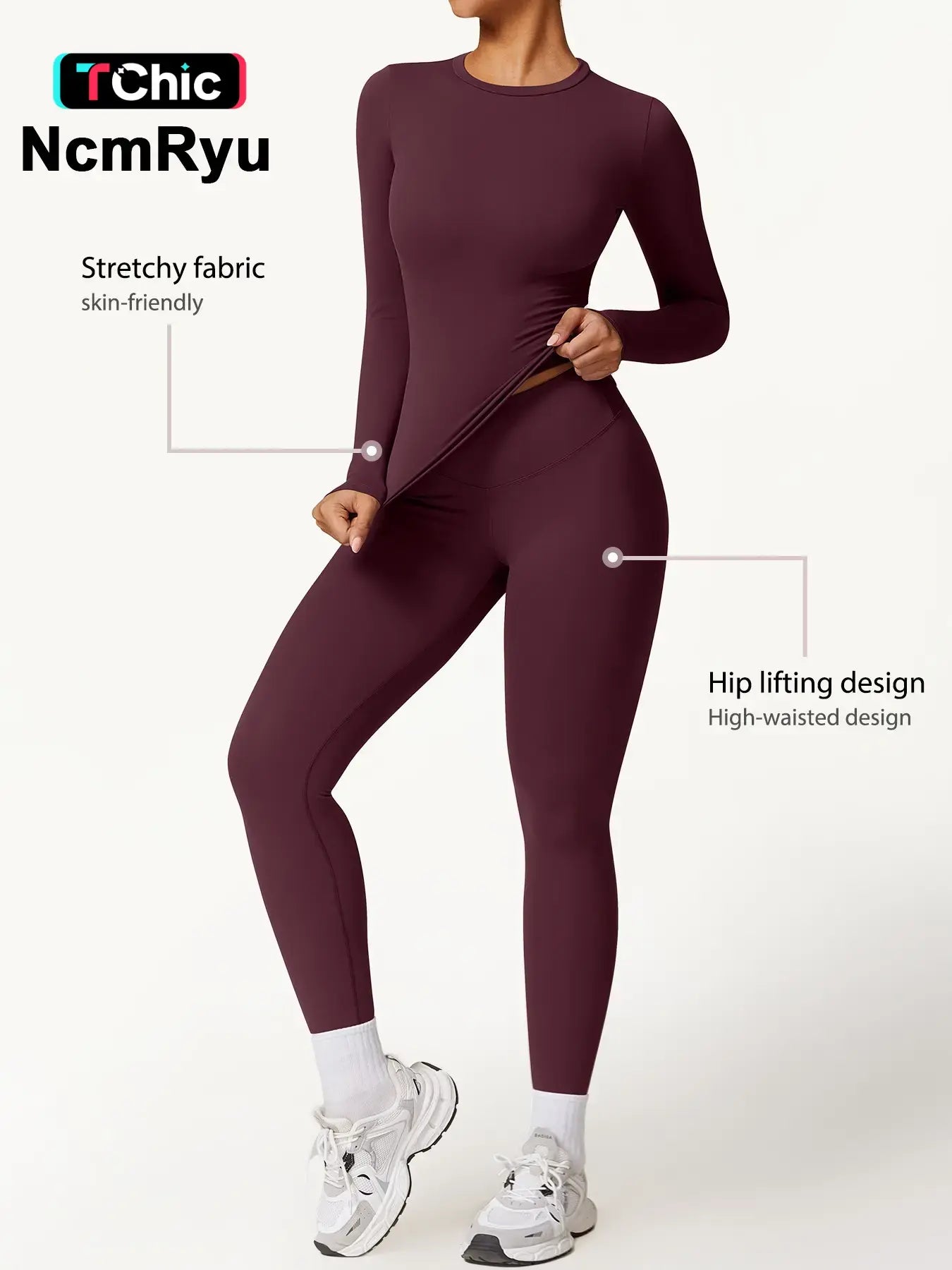 Two-Piece Set Women'S Patchwork High Elastic Soft round Neck Flat Shoulder Long Sleeve Slim Fit Hip Tight Pants Yoga Clothes Suit Workout Running Clothes Outdoor Running Cycling Hiking Fashion Suit Gym, Workout Sets Women