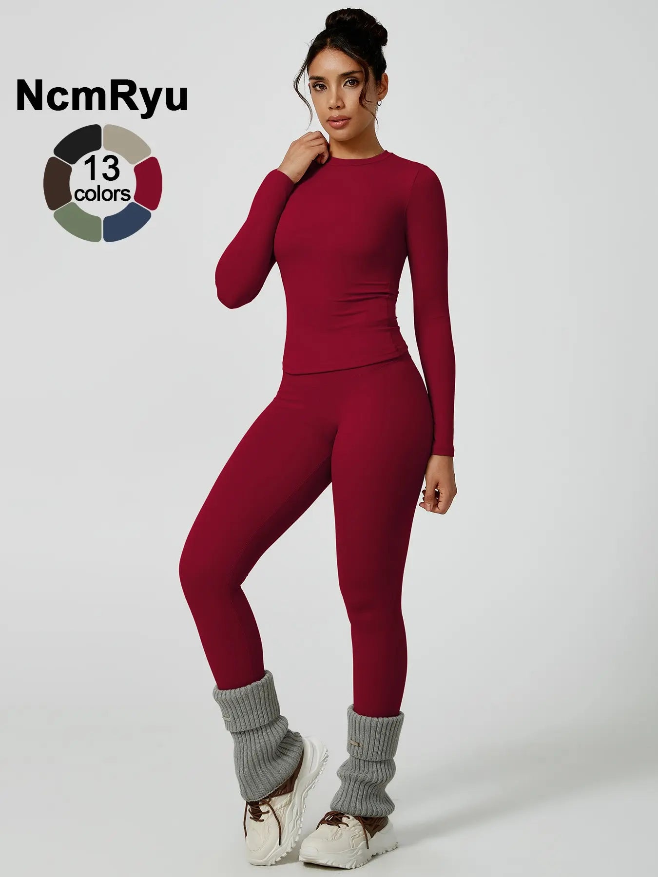 Two-Piece Set Women'S Patchwork High Elastic Soft round Neck Flat Shoulder Long Sleeve Slim Fit Hip Tight Pants Yoga Clothes Suit Workout Running Clothes Outdoor Running Cycling Hiking Fashion Suit Gym, Workout Sets Women