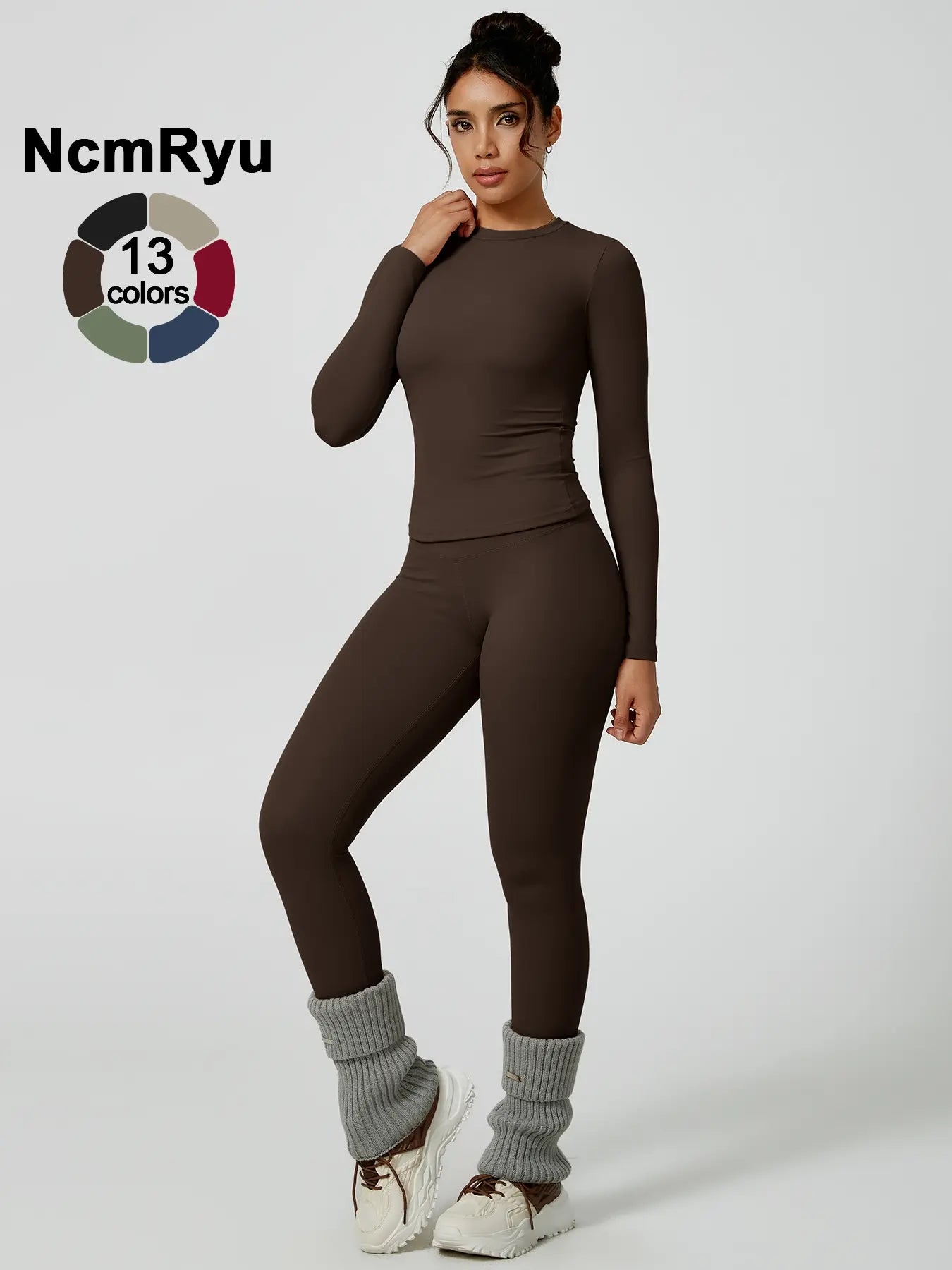 Two-Piece Set Women'S Patchwork High Elastic Soft round Neck Flat Shoulder Long Sleeve Slim Fit Hip Tight Pants Yoga Clothes Suit Workout Running Clothes Outdoor Running Cycling Hiking Fashion Suit Gym, Workout Sets Women