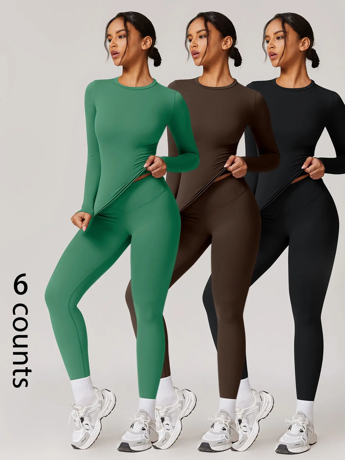 Two-Piece Set Women'S Patchwork High Elastic Soft round Neck Flat Shoulder Long Sleeve Slim Fit Hip Tight Pants Yoga Clothes Suit Workout Running Clothes Outdoor Running Cycling Hiking Fashion Suit Gym, Workout Sets Women