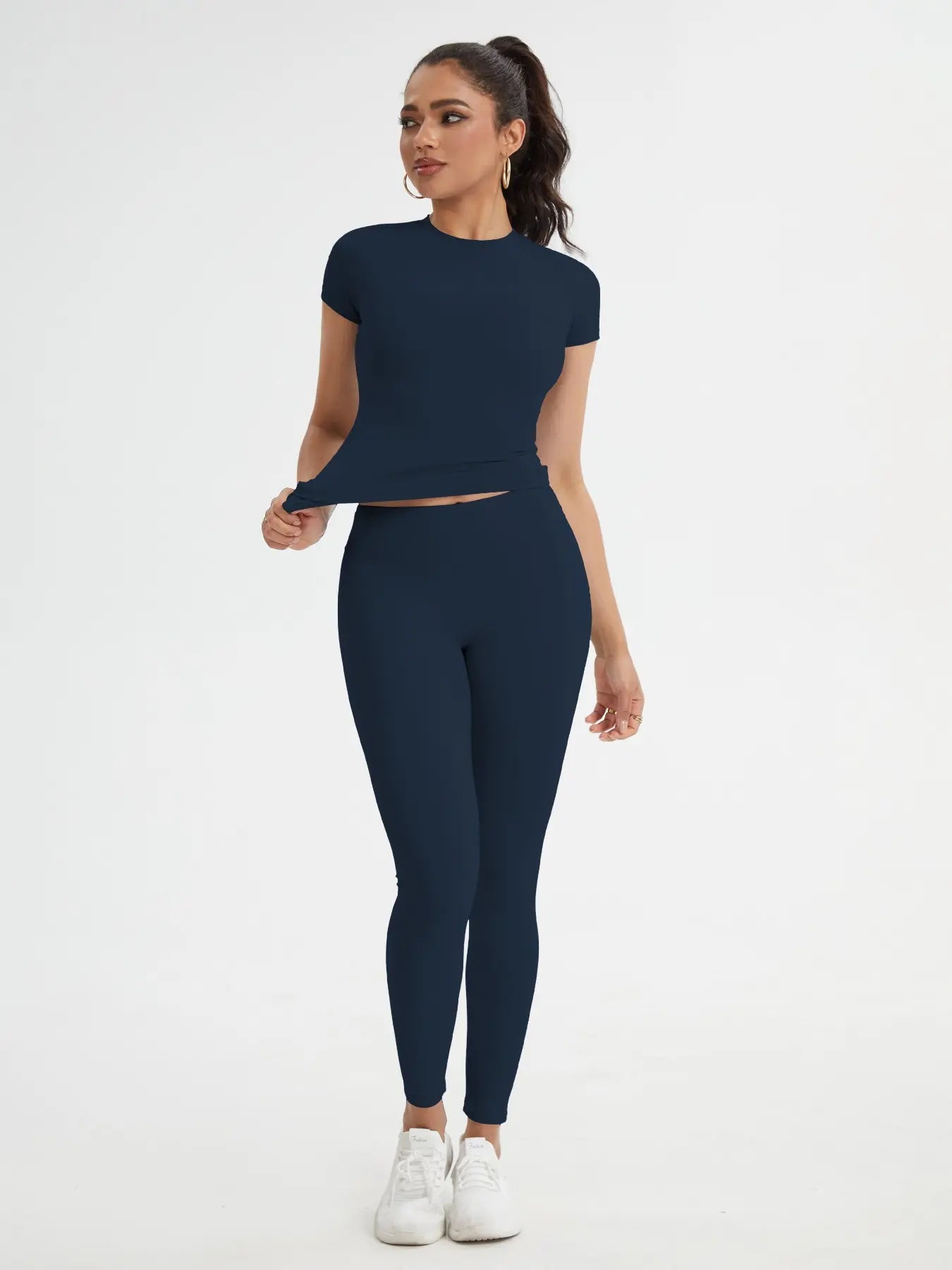 Women'S Sportswear Set, Slim-Fit round Neck Short Sleeves & High-Waisted Yoga Pants, Ideal for Gym Running Outdoor Activities
