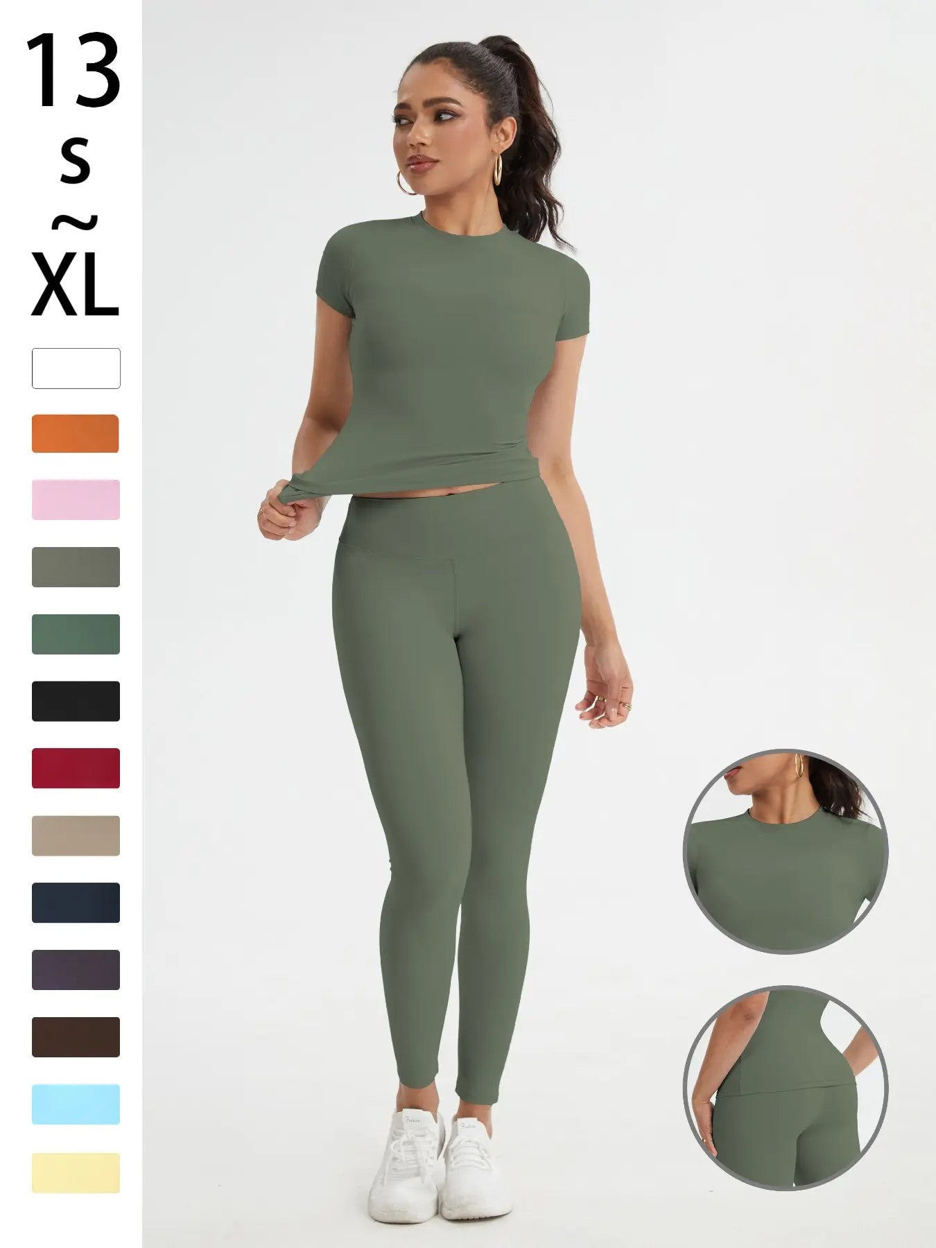 Women'S Sportswear Set, Slim-Fit round Neck Short Sleeves & High-Waisted Yoga Pants, Ideal for Gym Running Outdoor Activities