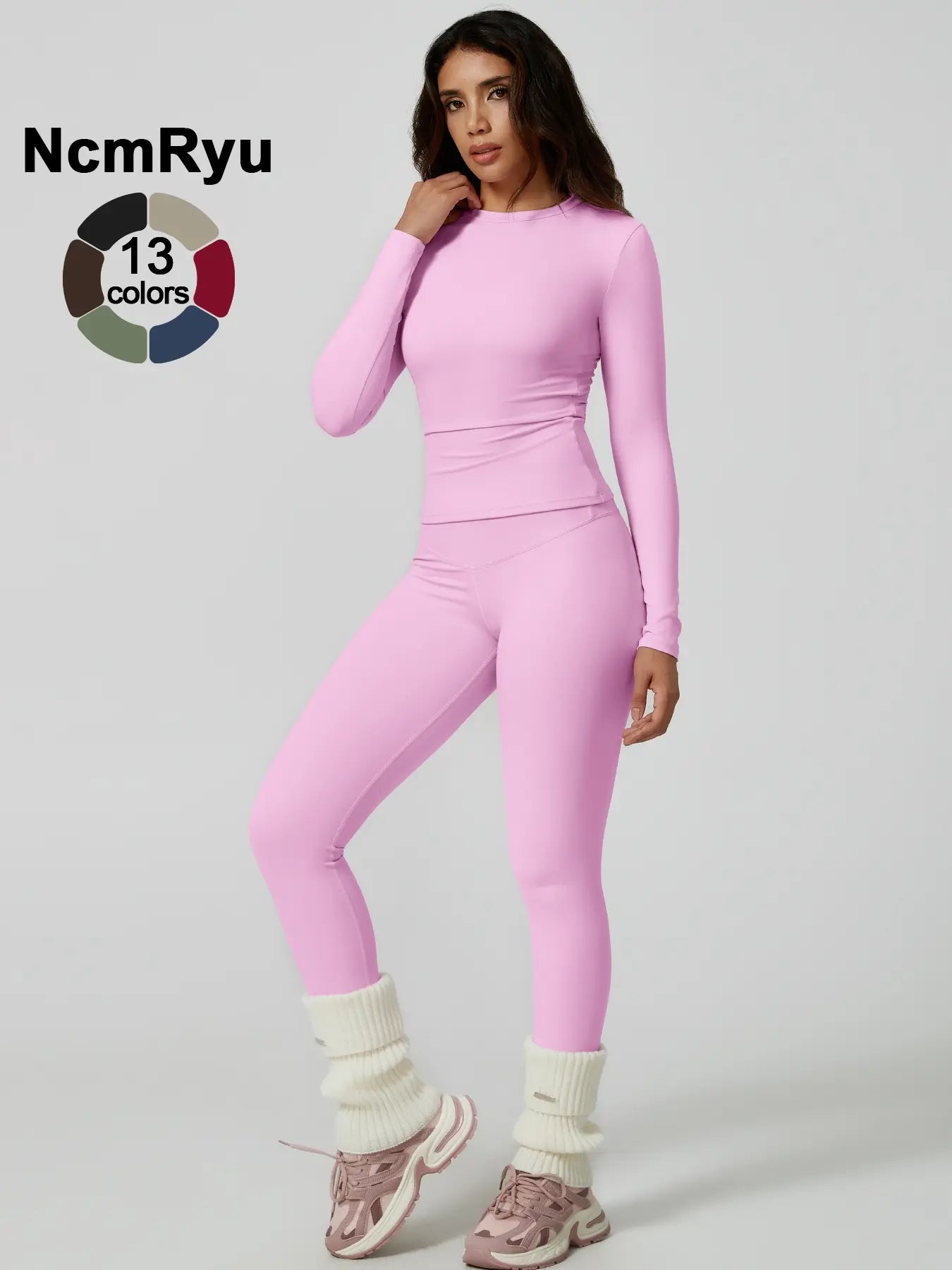 Two-Piece Set Women'S Patchwork High Elastic Soft round Neck Flat Shoulder Long Sleeve Slim Fit Hip Tight Pants Yoga Clothes Suit Workout Running Clothes Outdoor Running Cycling Hiking Fashion Suit Gym, Workout Sets Women
