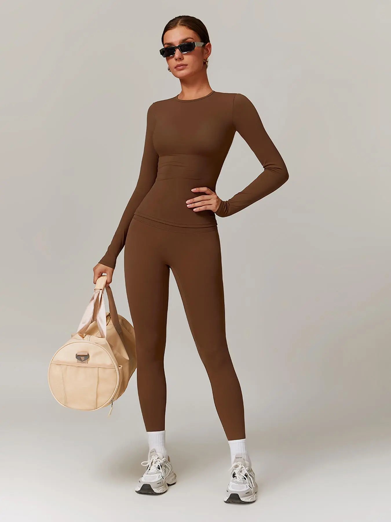 Women'S Solid Long Sleeve Skinny Tee & High Waist Leggings Tracksuit Set, Workout Running Clothes, Sporty Breathable Quick Drying Outfits for Gym Workout Running, Ladies Outdoor Yoga Suit for All Seasons, Quick Dry Activewear, Sweatsuit Sets