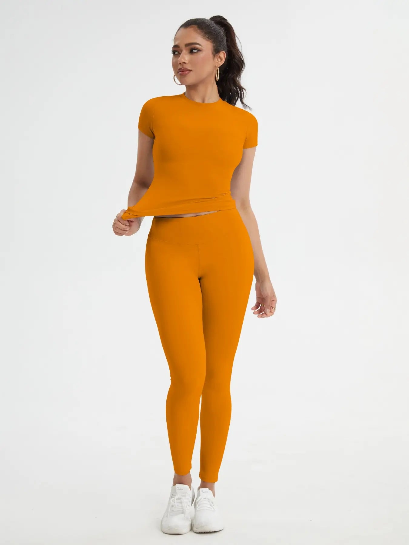 Women'S Sportswear Set, Slim-Fit round Neck Short Sleeves & High-Waisted Yoga Pants, Ideal for Gym Running Outdoor Activities
