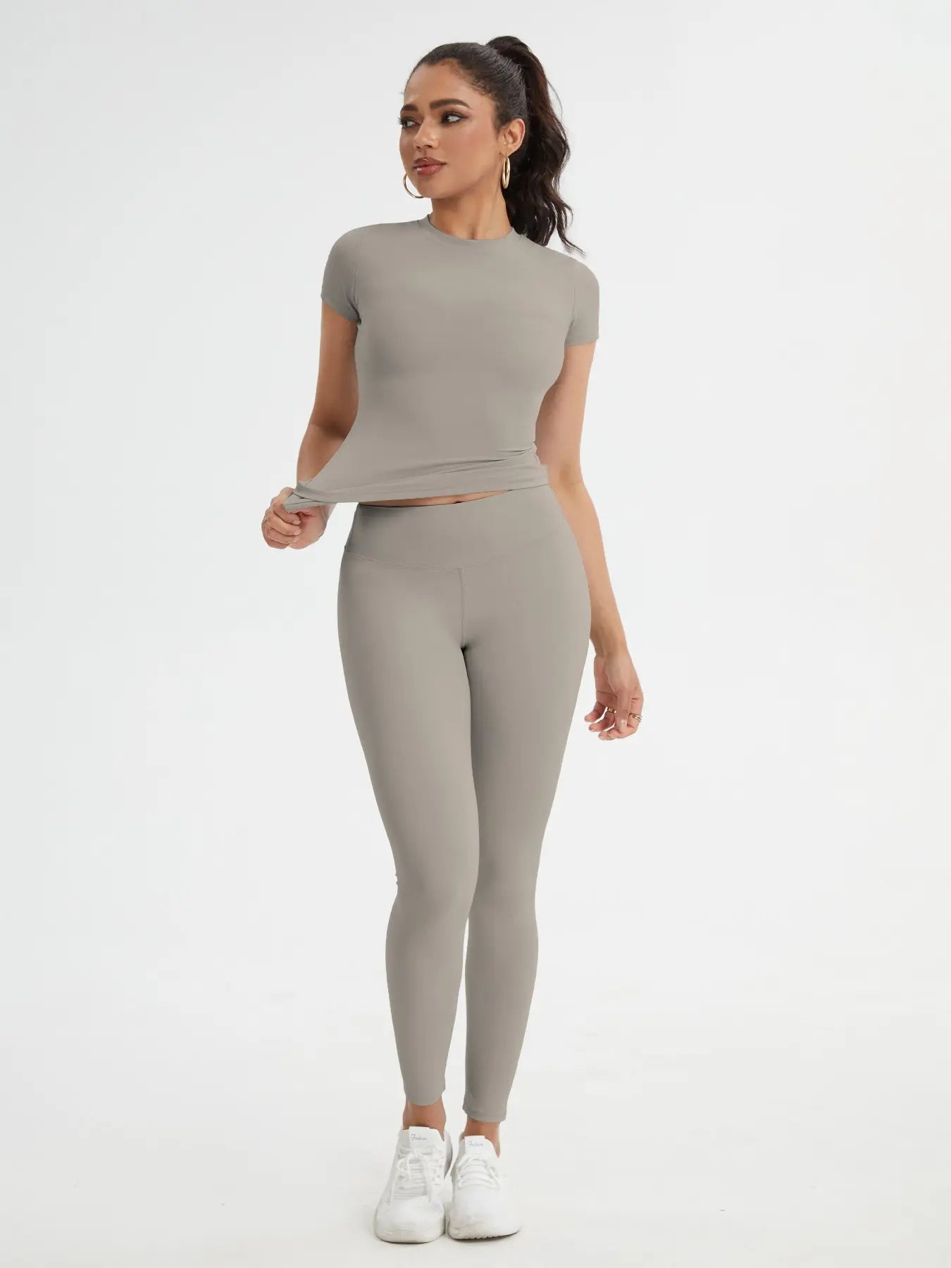 Women'S Sportswear Set, Slim-Fit round Neck Short Sleeves & High-Waisted Yoga Pants, Ideal for Gym Running Outdoor Activities