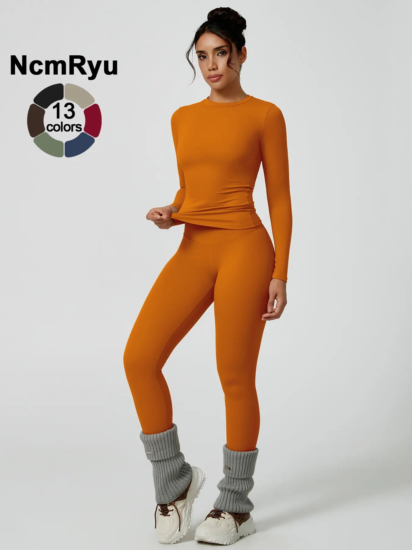 Two-Piece Set Women'S Patchwork High Elastic Soft round Neck Flat Shoulder Long Sleeve Slim Fit Hip Tight Pants Yoga Clothes Suit Workout Running Clothes Outdoor Running Cycling Hiking Fashion Suit Gym, Workout Sets Women