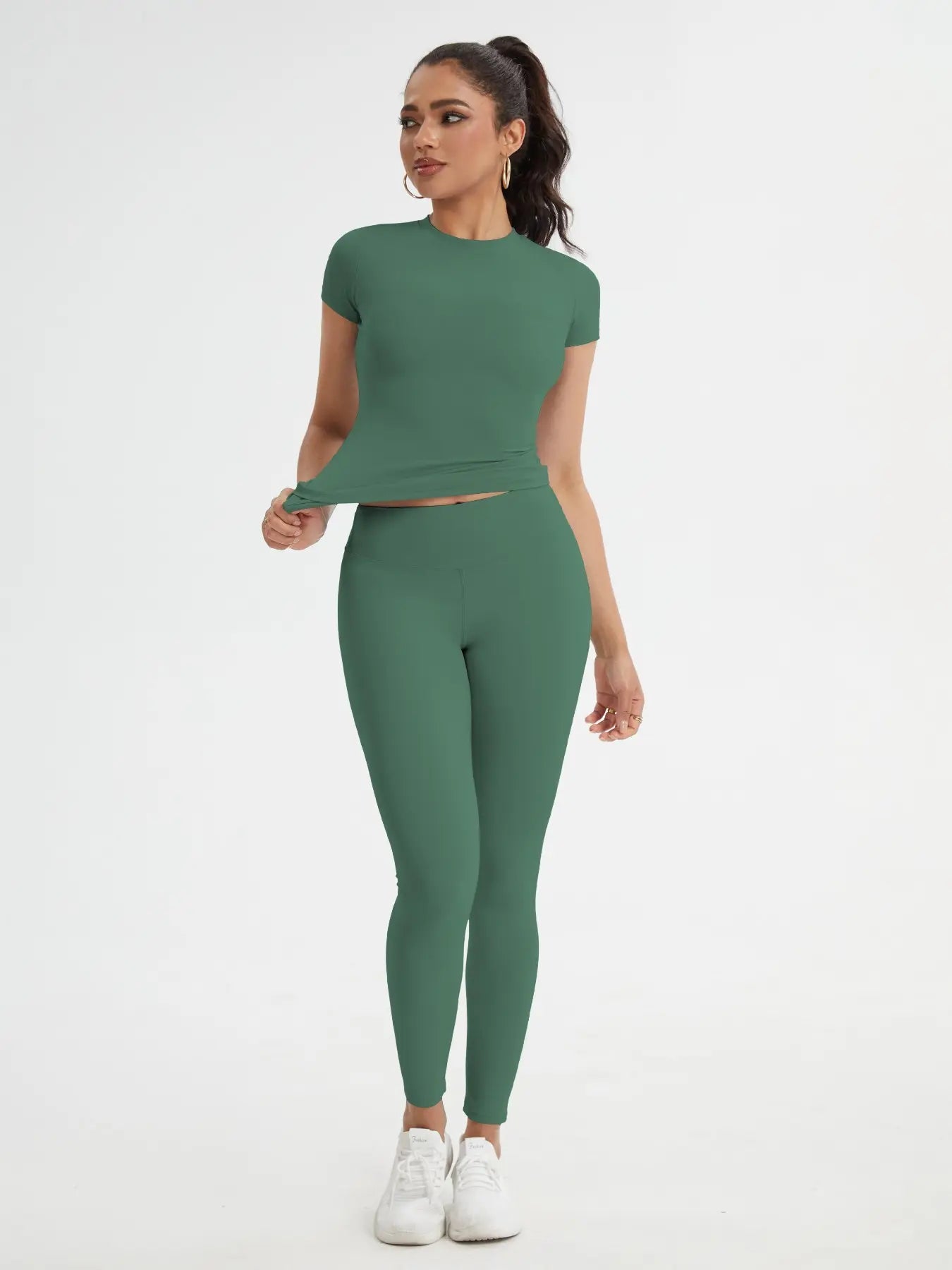 Women'S Sportswear Set, Slim-Fit round Neck Short Sleeves & High-Waisted Yoga Pants, Ideal for Gym Running Outdoor Activities