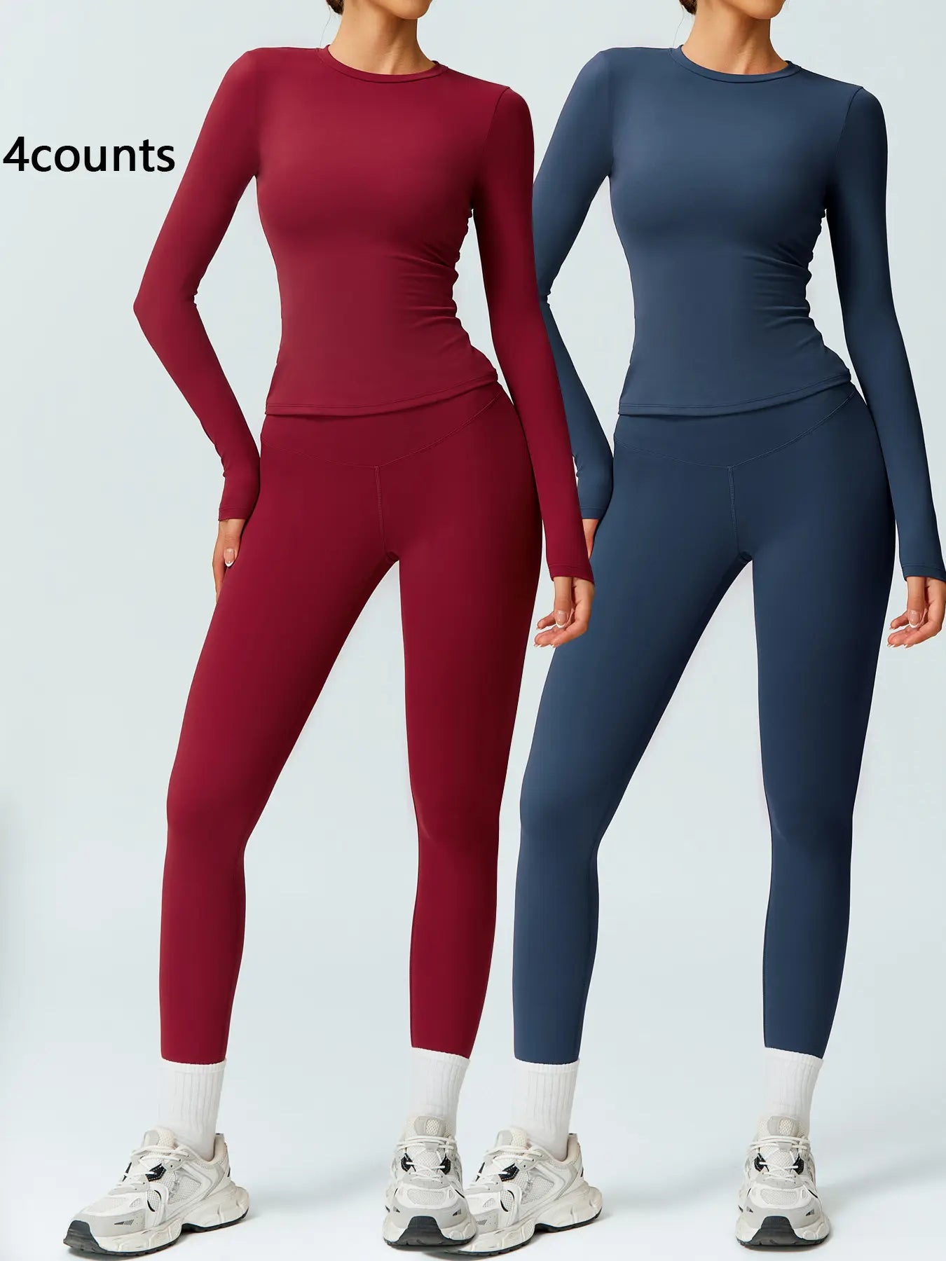 Two-Piece Set Women'S Patchwork High Elastic Soft round Neck Flat Shoulder Long Sleeve Slim Fit Hip Tight Pants Yoga Clothes Suit Workout Running Clothes Outdoor Running Cycling Hiking Fashion Suit Gym, Workout Sets Women