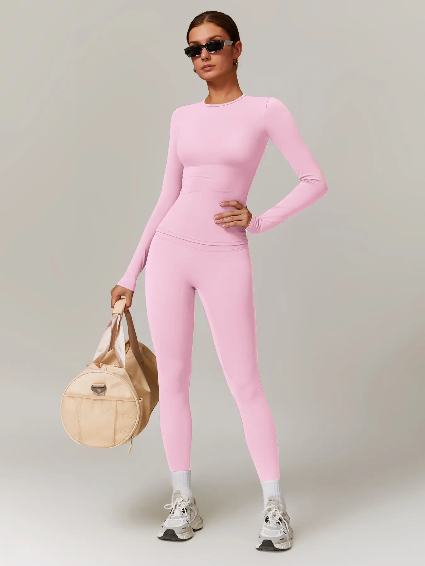 Women'S Solid Long Sleeve Skinny Tee & High Waist Leggings Tracksuit Set, Workout Running Clothes, Sporty Breathable Quick Drying Outfits for Gym Workout Running, Ladies Outdoor Yoga Suit for All Seasons, Quick Dry Activewear, Sweatsuit Sets