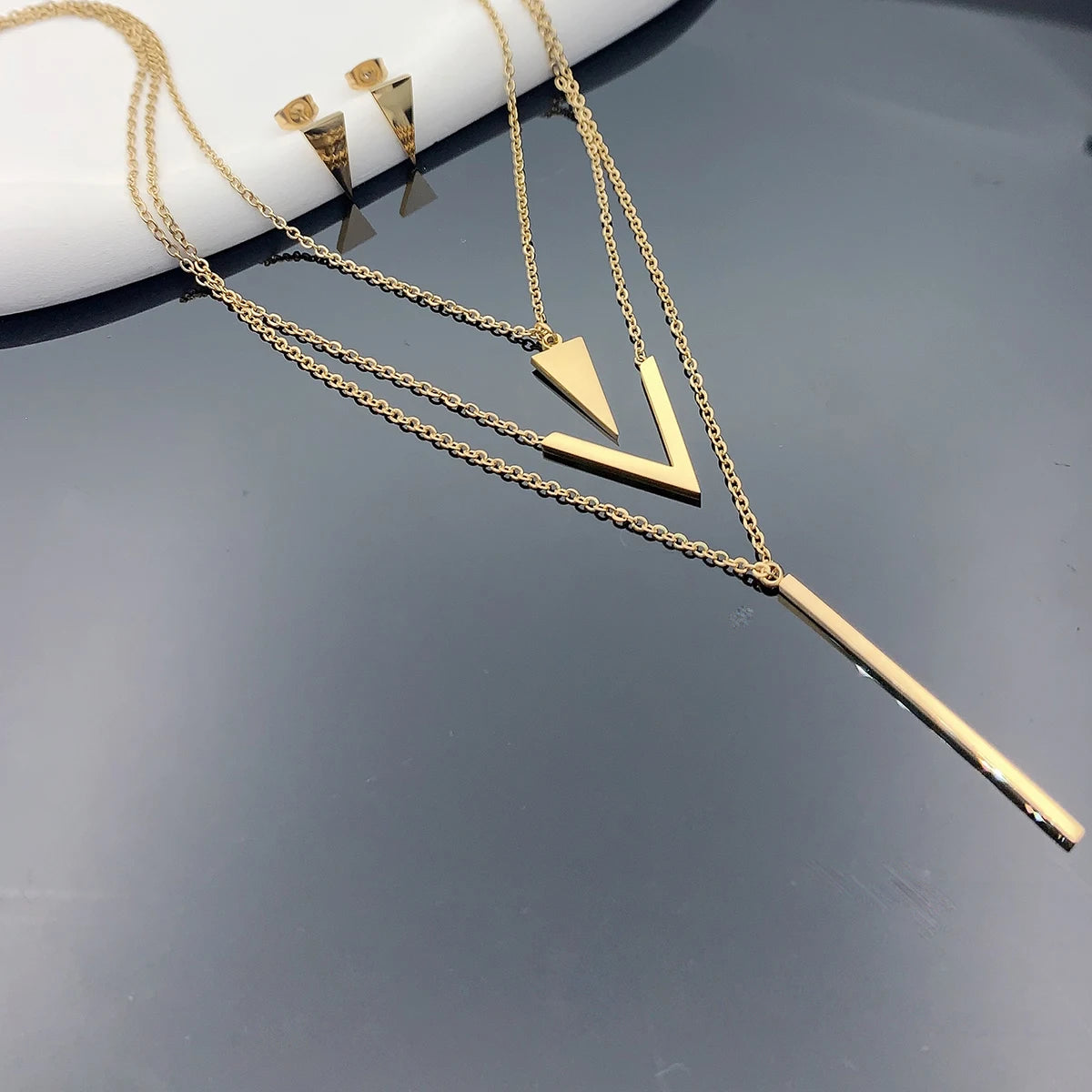 Gold Layered Necklace & Earring Set – 3 Piece Geometric Pendant Collection