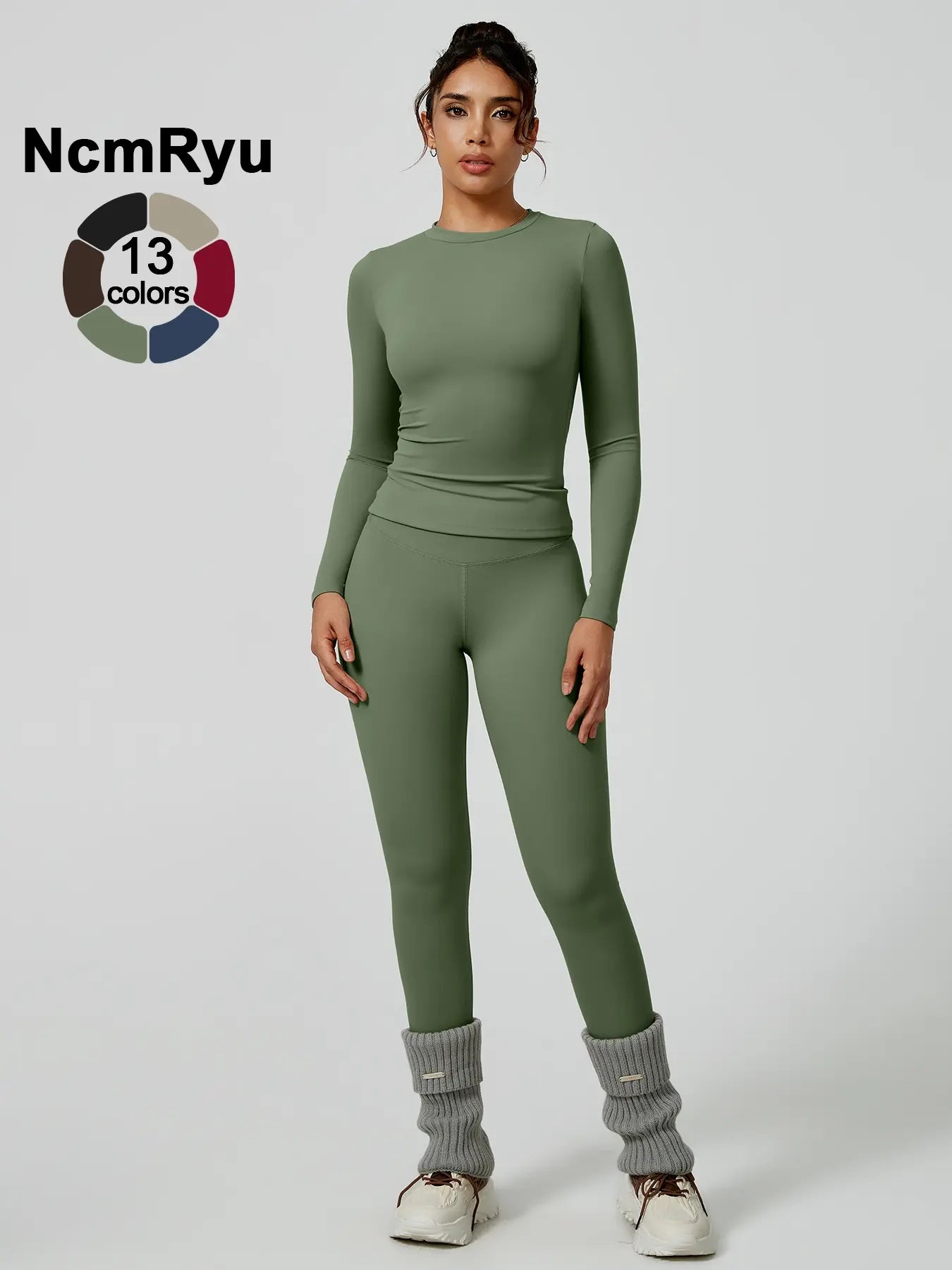 Two-Piece Set Women'S Patchwork High Elastic Soft round Neck Flat Shoulder Long Sleeve Slim Fit Hip Tight Pants Yoga Clothes Suit Workout Running Clothes Outdoor Running Cycling Hiking Fashion Suit Gym, Workout Sets Women