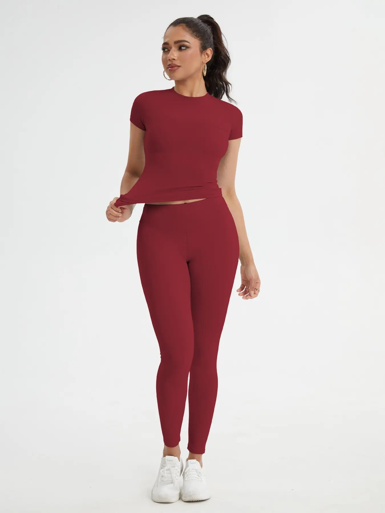 Women'S Sportswear Set, Slim-Fit round Neck Short Sleeves & High-Waisted Yoga Pants, Ideal for Gym Running Outdoor Activities
