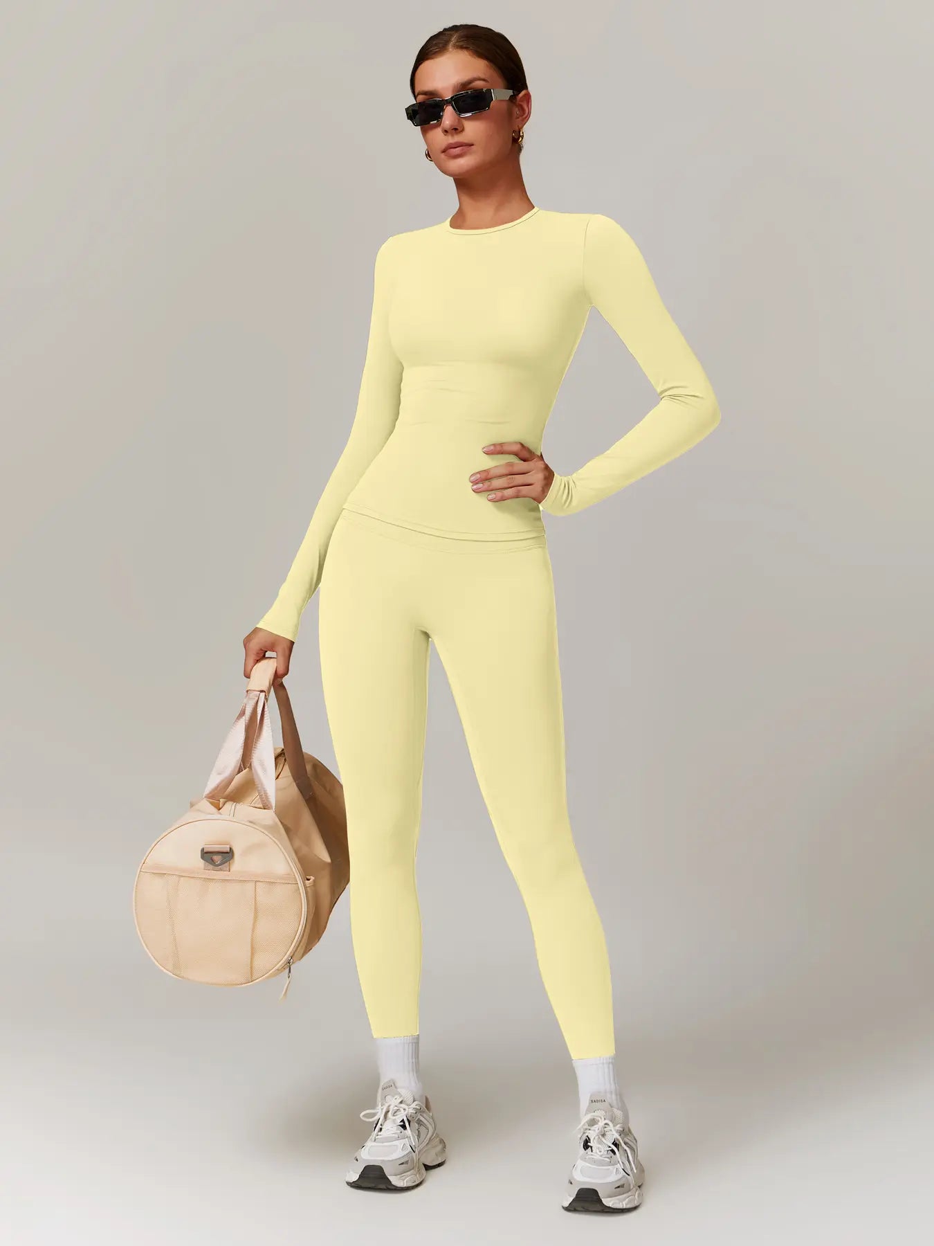 Women'S Solid Long Sleeve Skinny Tee & High Waist Leggings Tracksuit Set, Workout Running Clothes, Sporty Breathable Quick Drying Outfits for Gym Workout Running, Ladies Outdoor Yoga Suit for All Seasons, Quick Dry Activewear, Sweatsuit Sets