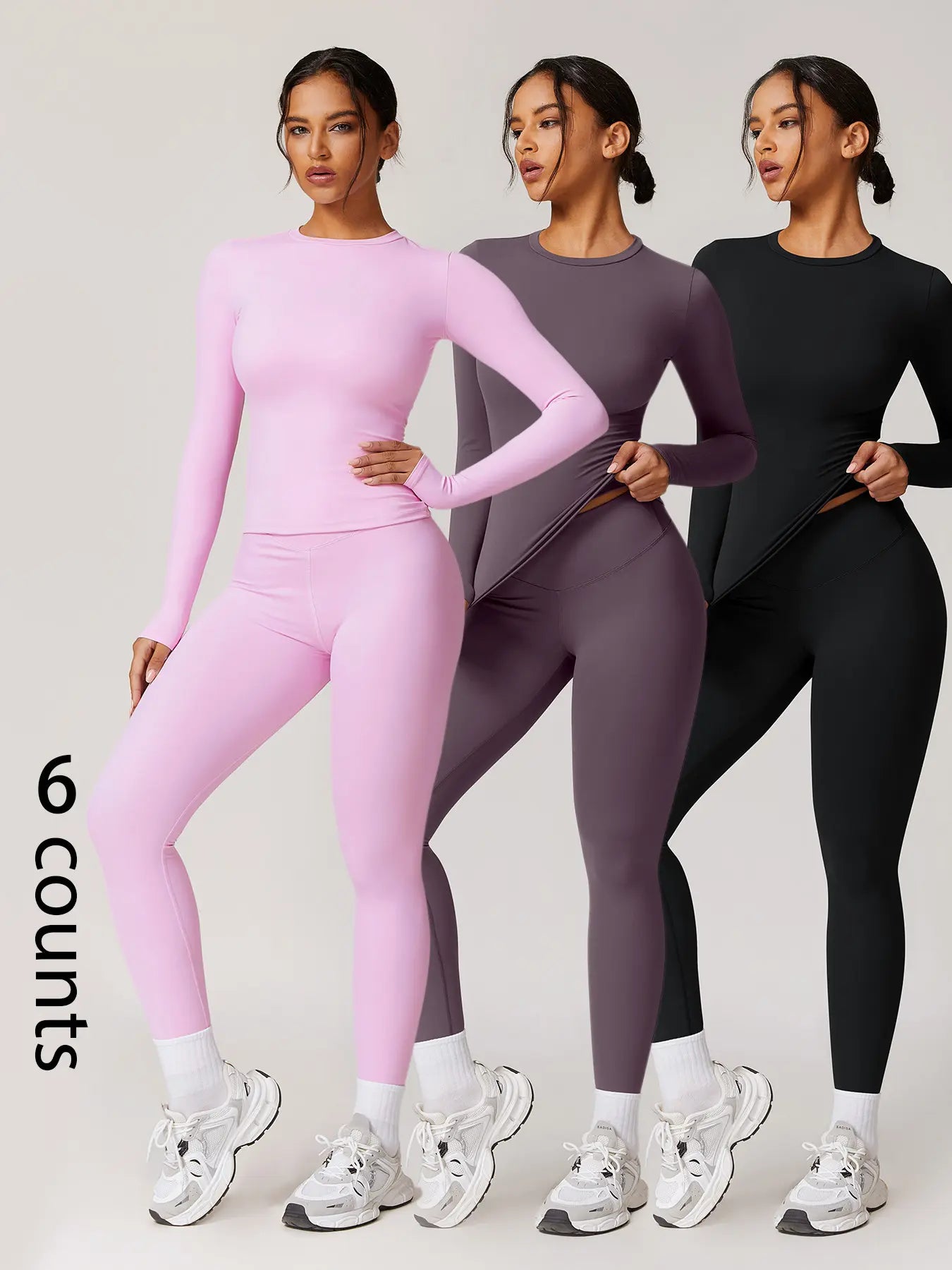 Two-Piece Set Women'S Patchwork High Elastic Soft round Neck Flat Shoulder Long Sleeve Slim Fit Hip Tight Pants Yoga Clothes Suit Workout Running Clothes Outdoor Running Cycling Hiking Fashion Suit Gym, Workout Sets Women